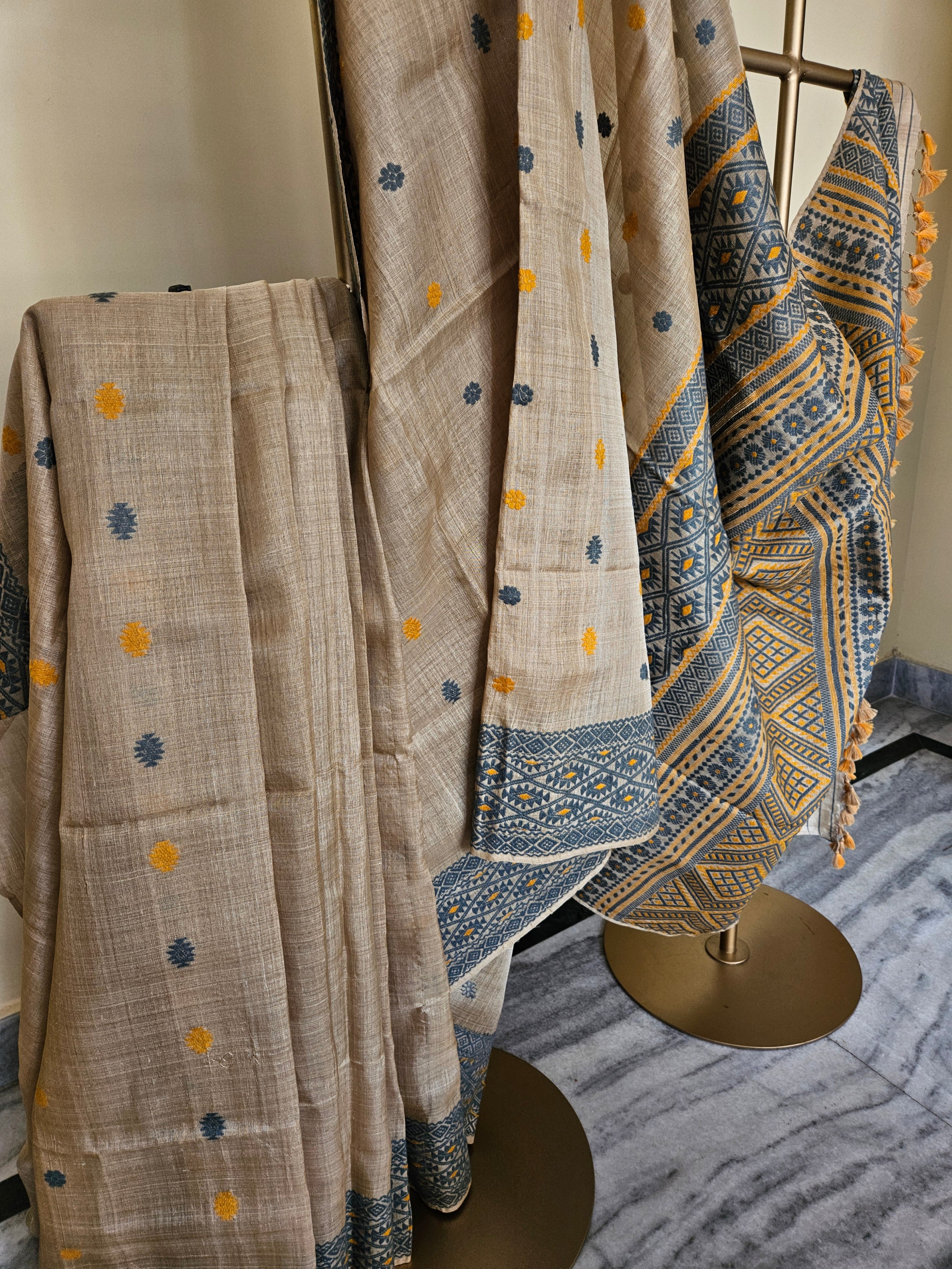 Heirloom Pure Assam Muga Saree with Natural Dyed Eri Extra Weft in Indigo and Mustard