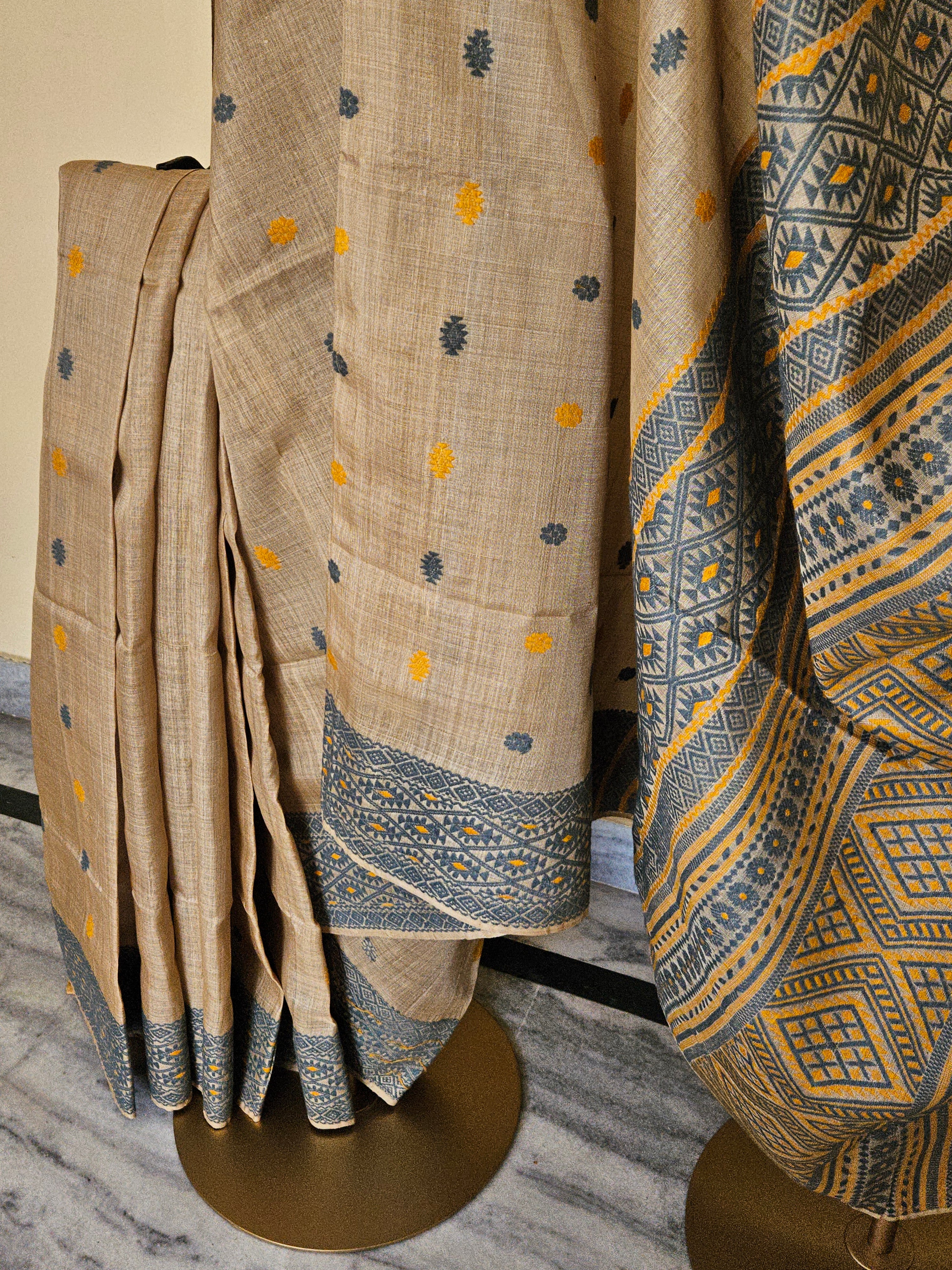 Heirloom Pure Assam Muga Saree with Natural Dyed Eri Extra Weft in Indigo and Mustard