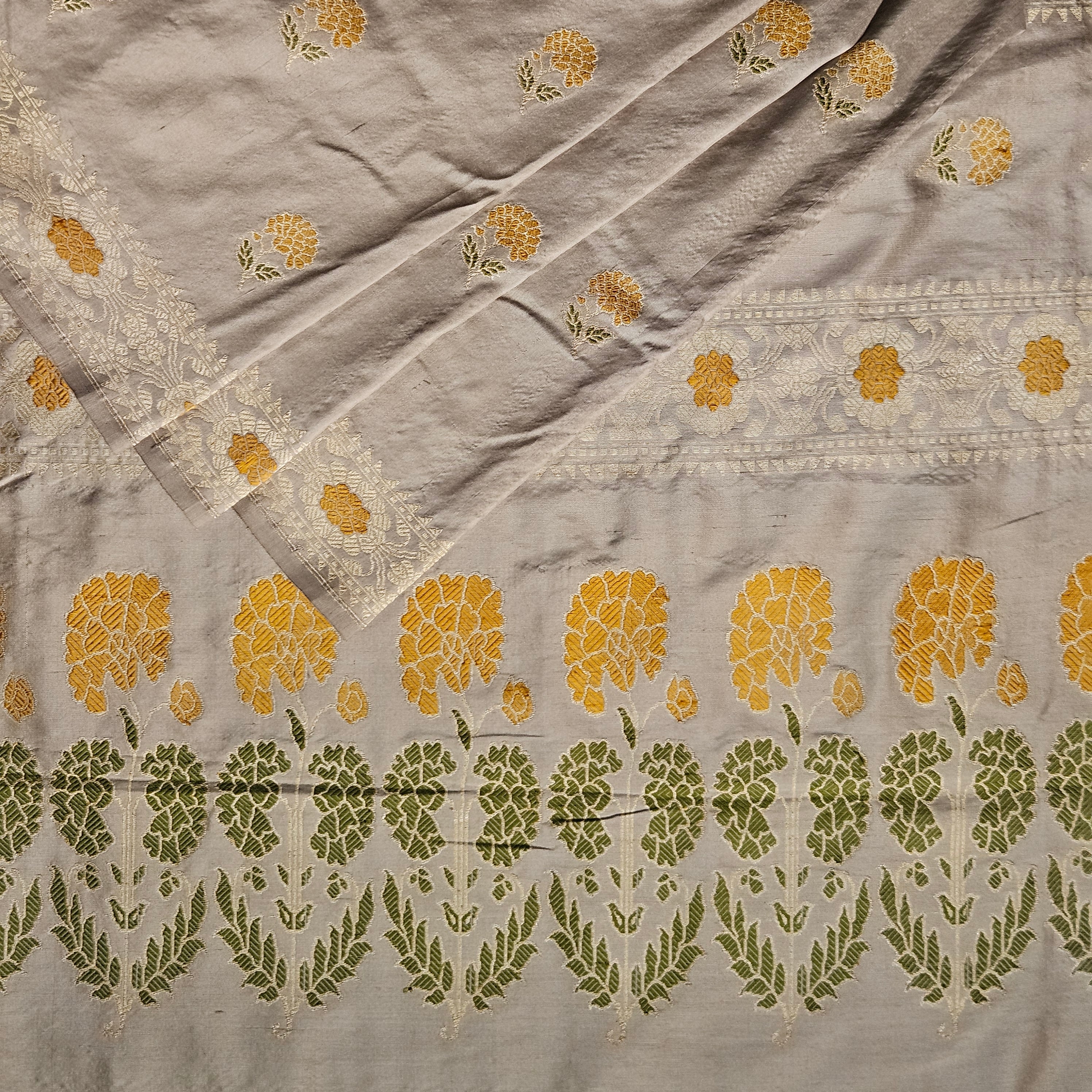 Grey with Yellow Revival Baluchari Saree