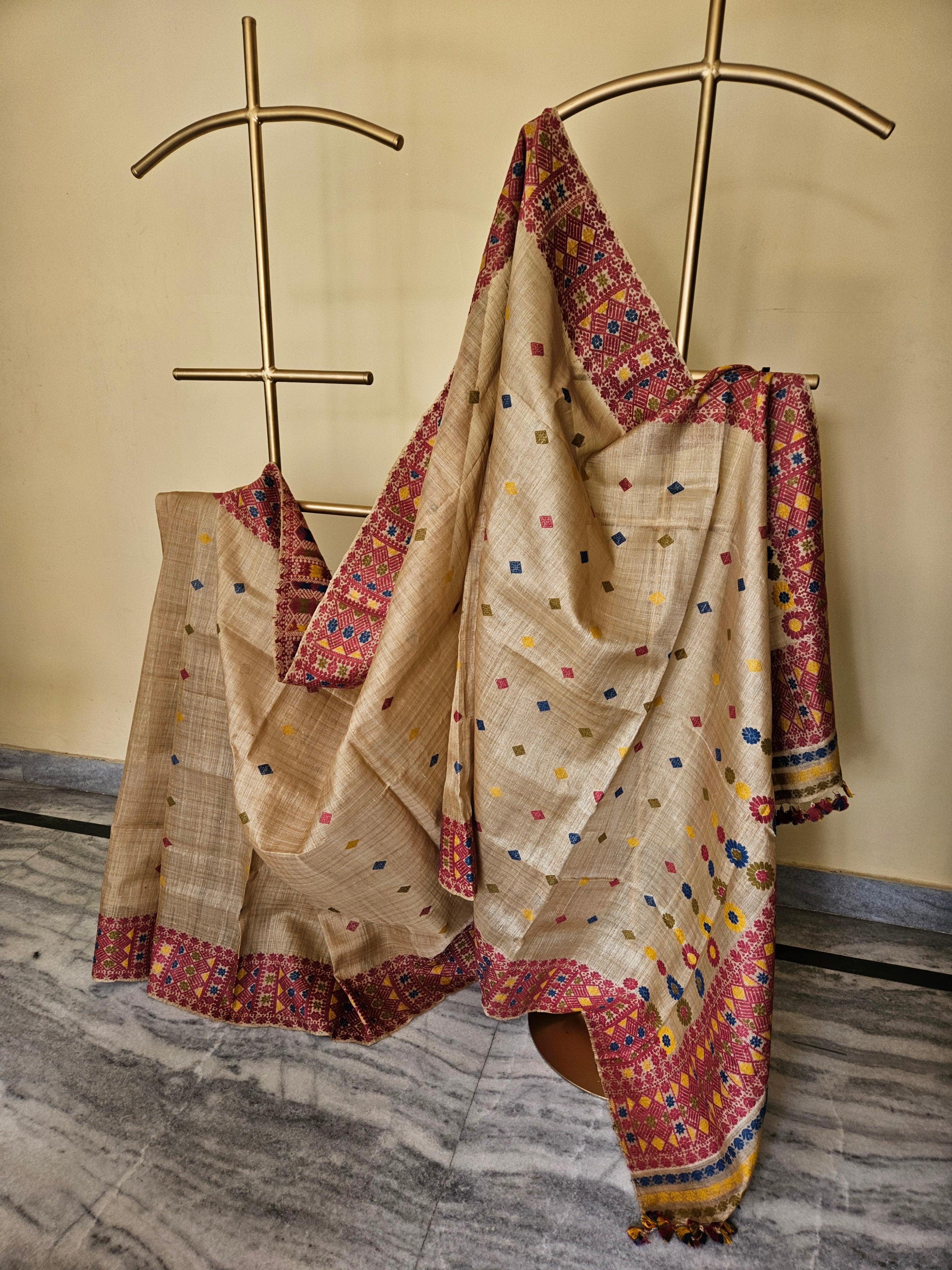 Heirloom Pure Assam Muga Saree with Natural Dyed Eri Extra Weft in Multicolor Diamond Motifs