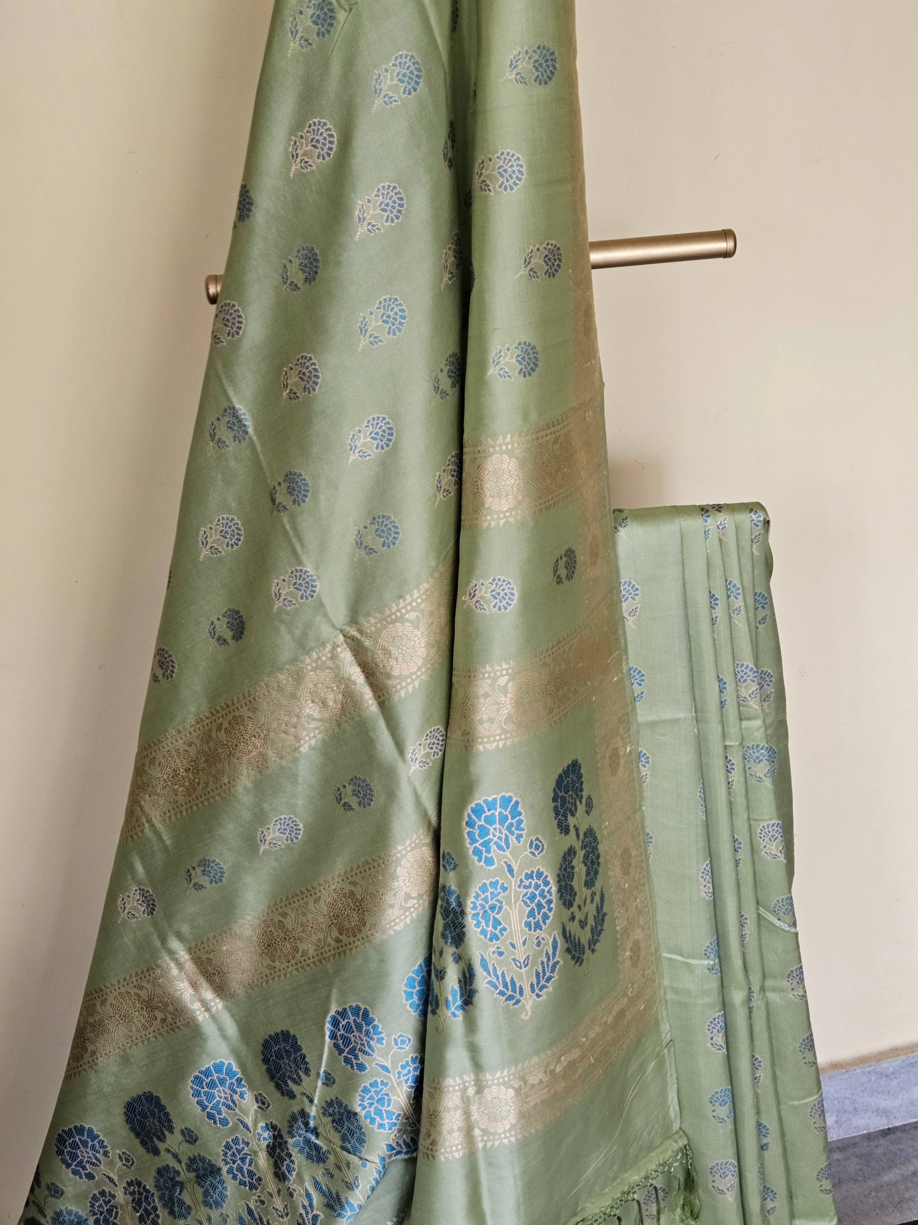 Light Pista Green with Turquoise Revival Baluchari Saree