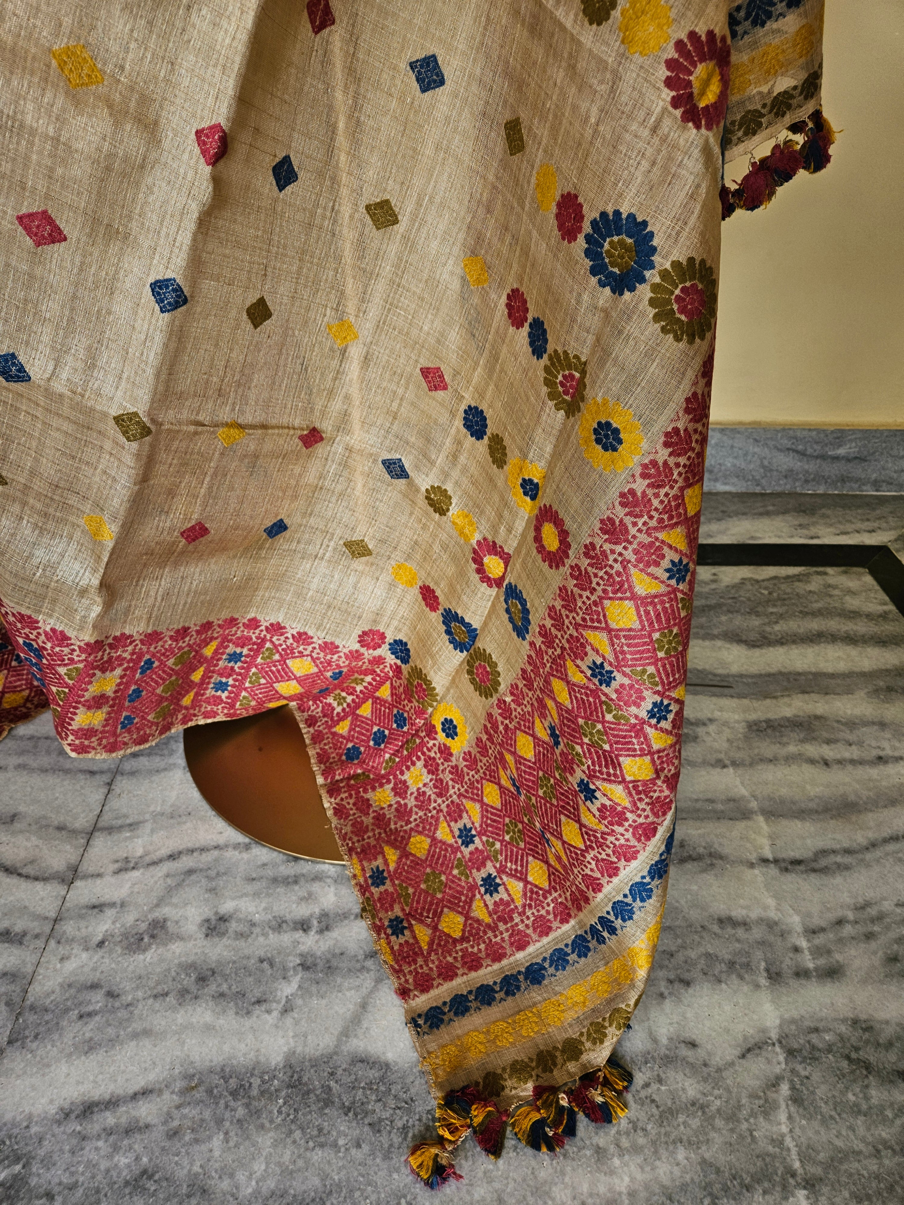 Heirloom Pure Assam Muga Saree with Natural Dyed Eri Extra Weft in Multicolor Diamond Motifs