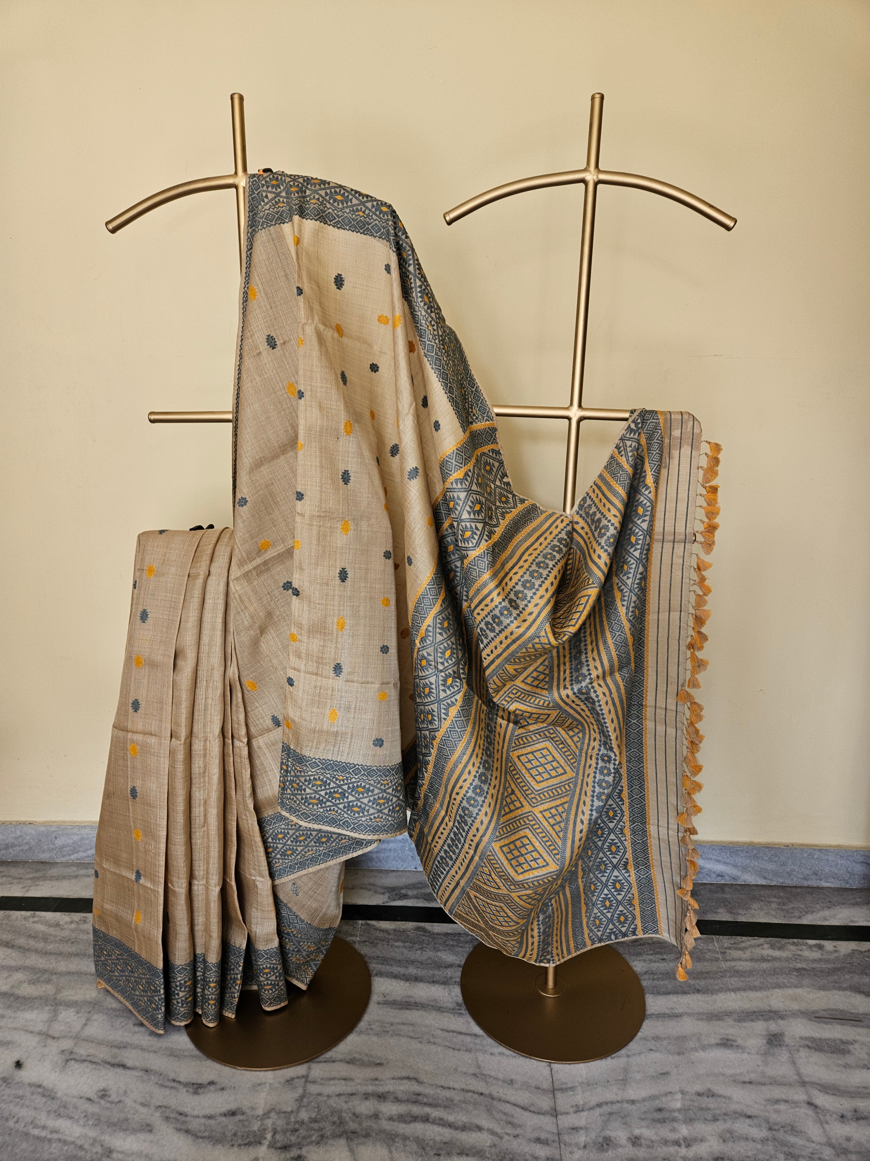 Heirloom Pure Assam Muga Saree with Natural Dyed Eri Extra Weft in Indigo and Mustard