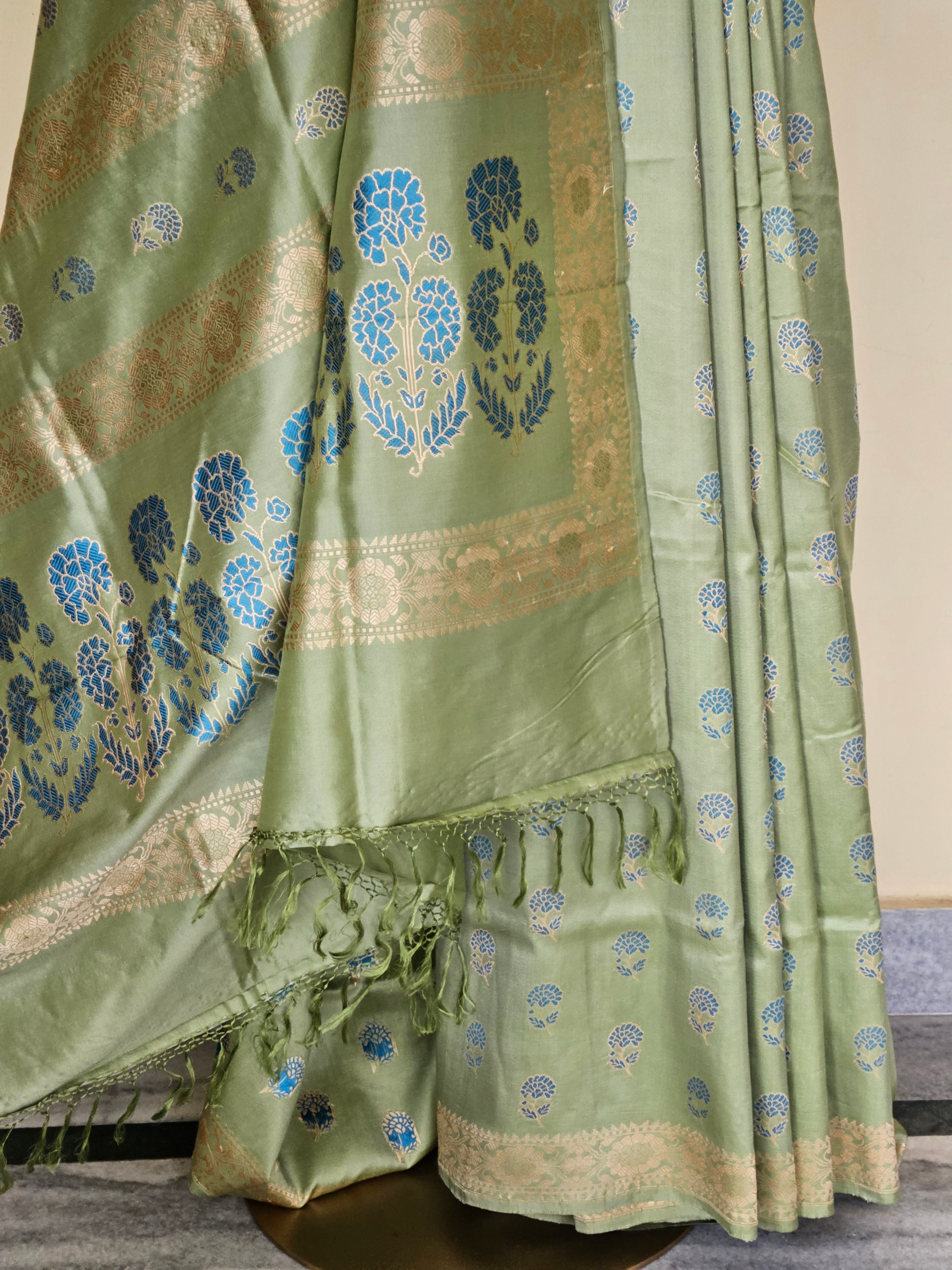 Light Pista Green with Turquoise Revival Baluchari Saree