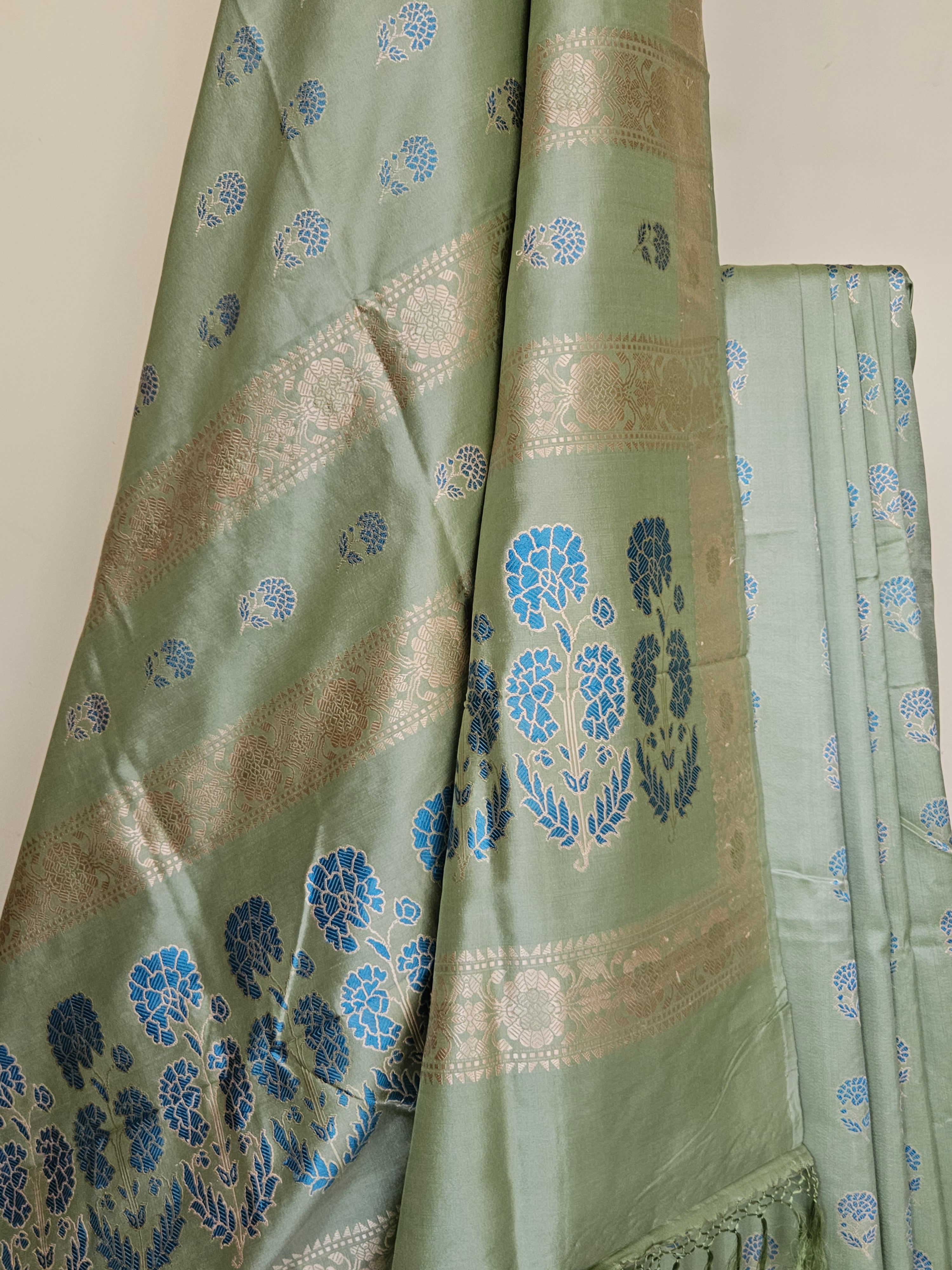 Light Pista Green with Turquoise Revival Baluchari Saree