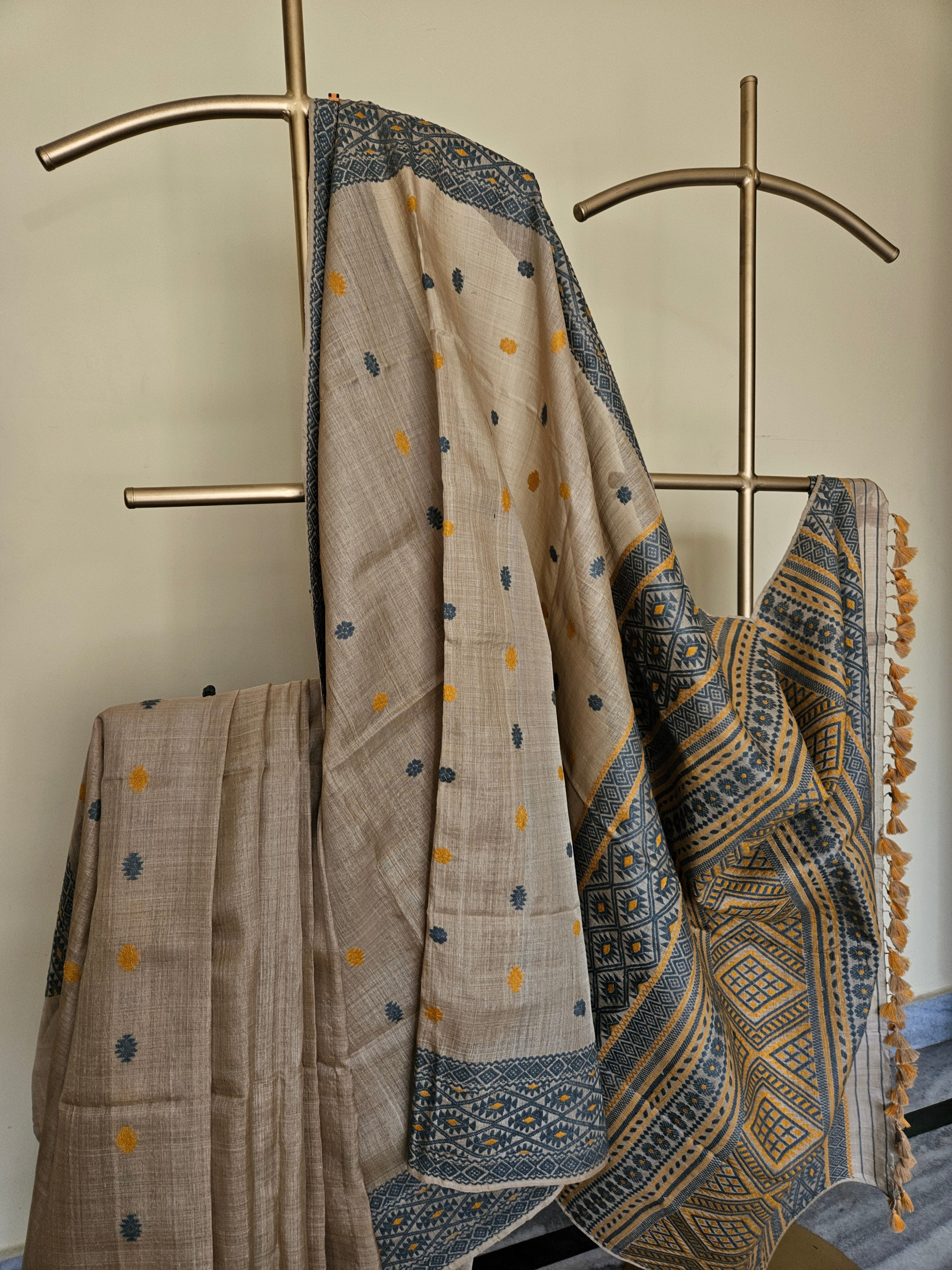 Heirloom Pure Assam Muga Saree with Natural Dyed Eri Extra Weft in Indigo and Mustard