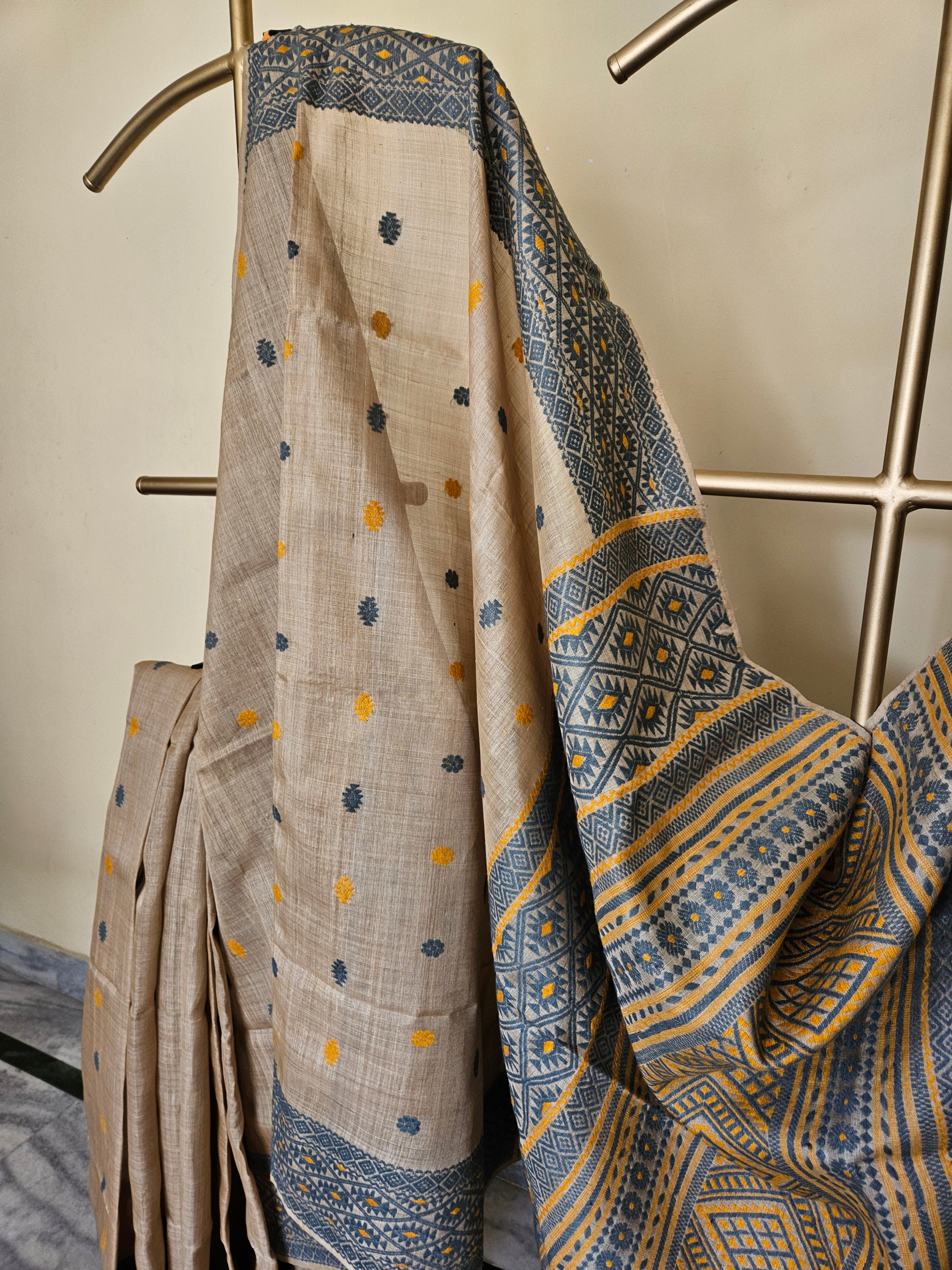 Heirloom Pure Assam Muga Saree with Natural Dyed Eri Extra Weft in Indigo and Mustard