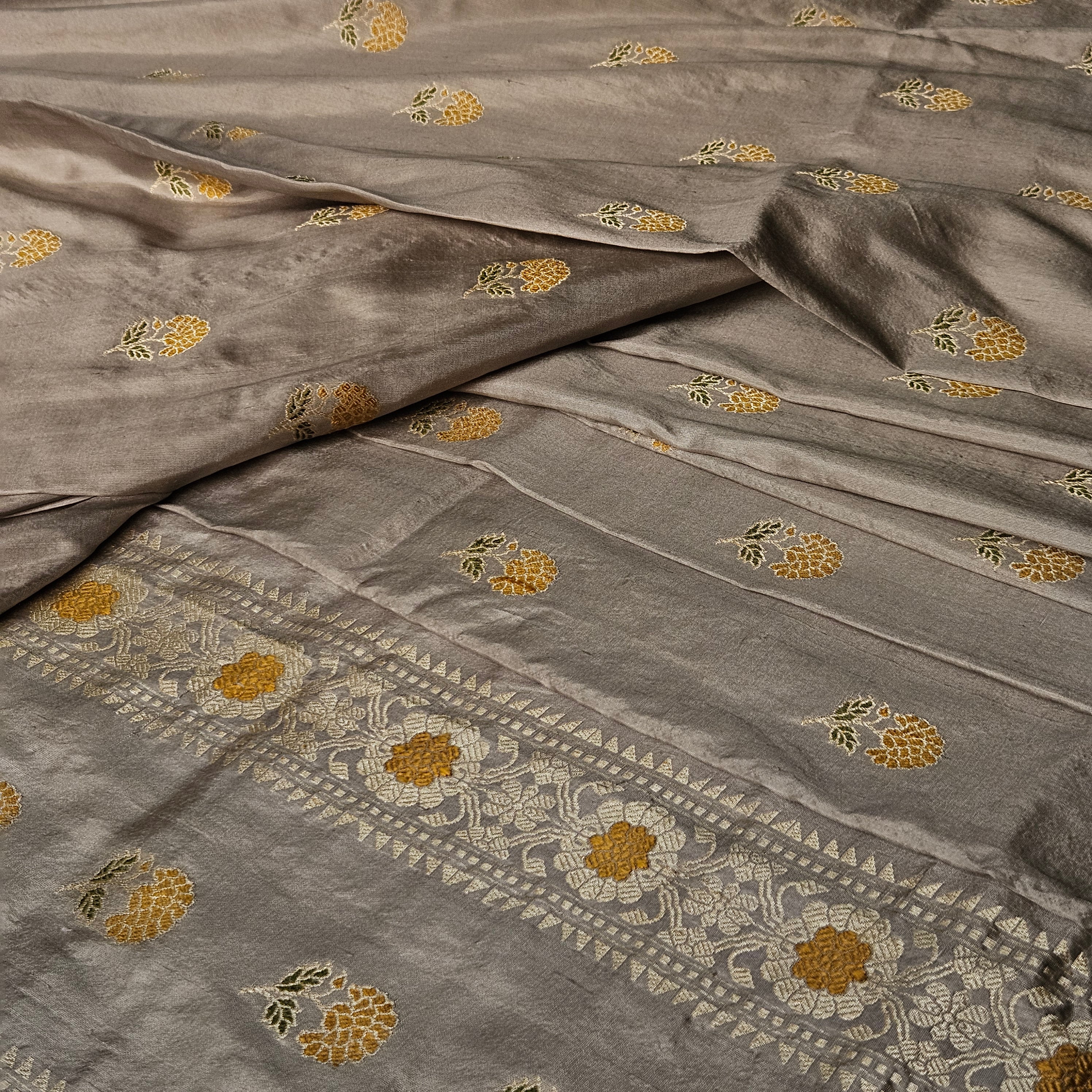 Grey with Yellow Revival Baluchari Saree