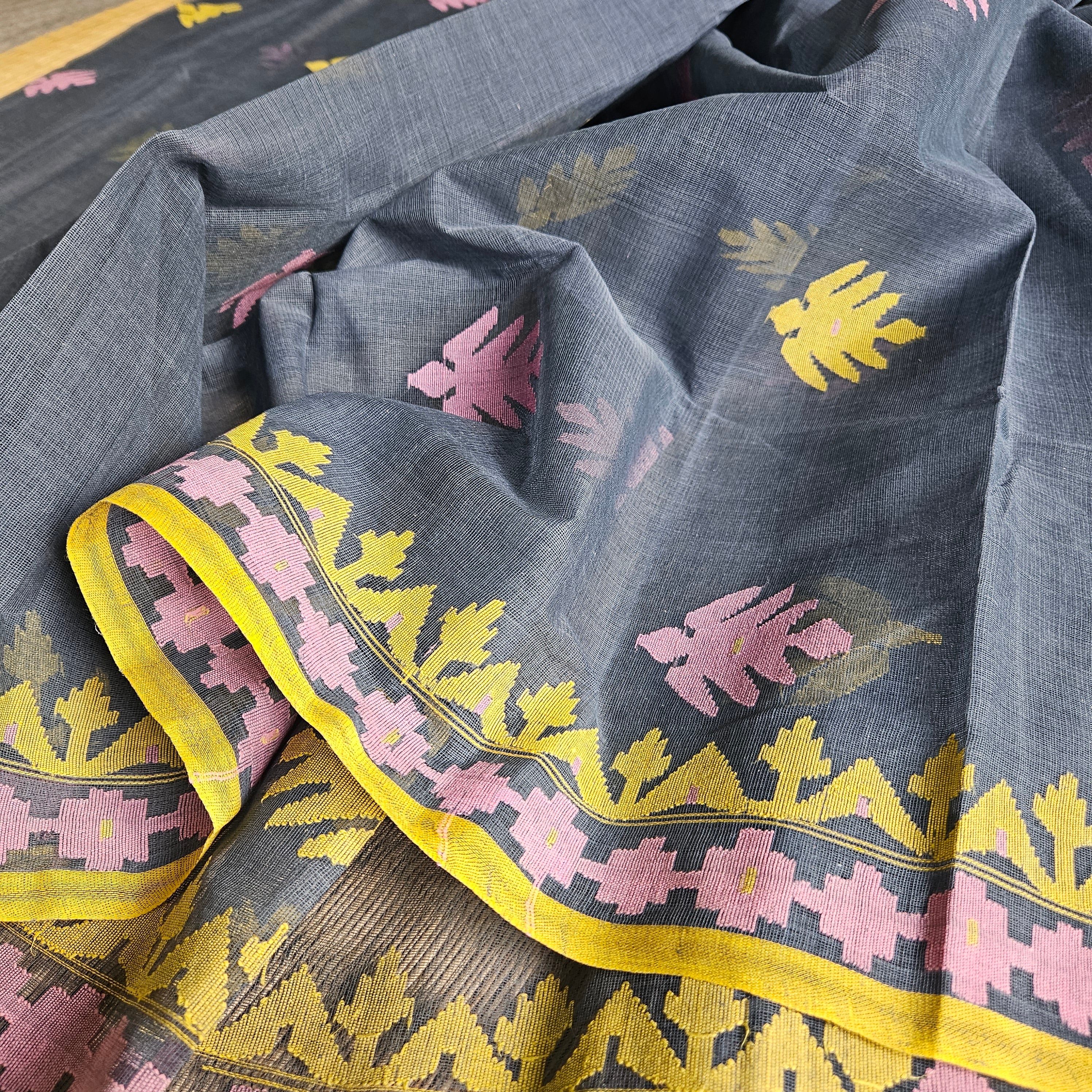 Grey Dhakai Jamdani with Pink and Yellow Motifs