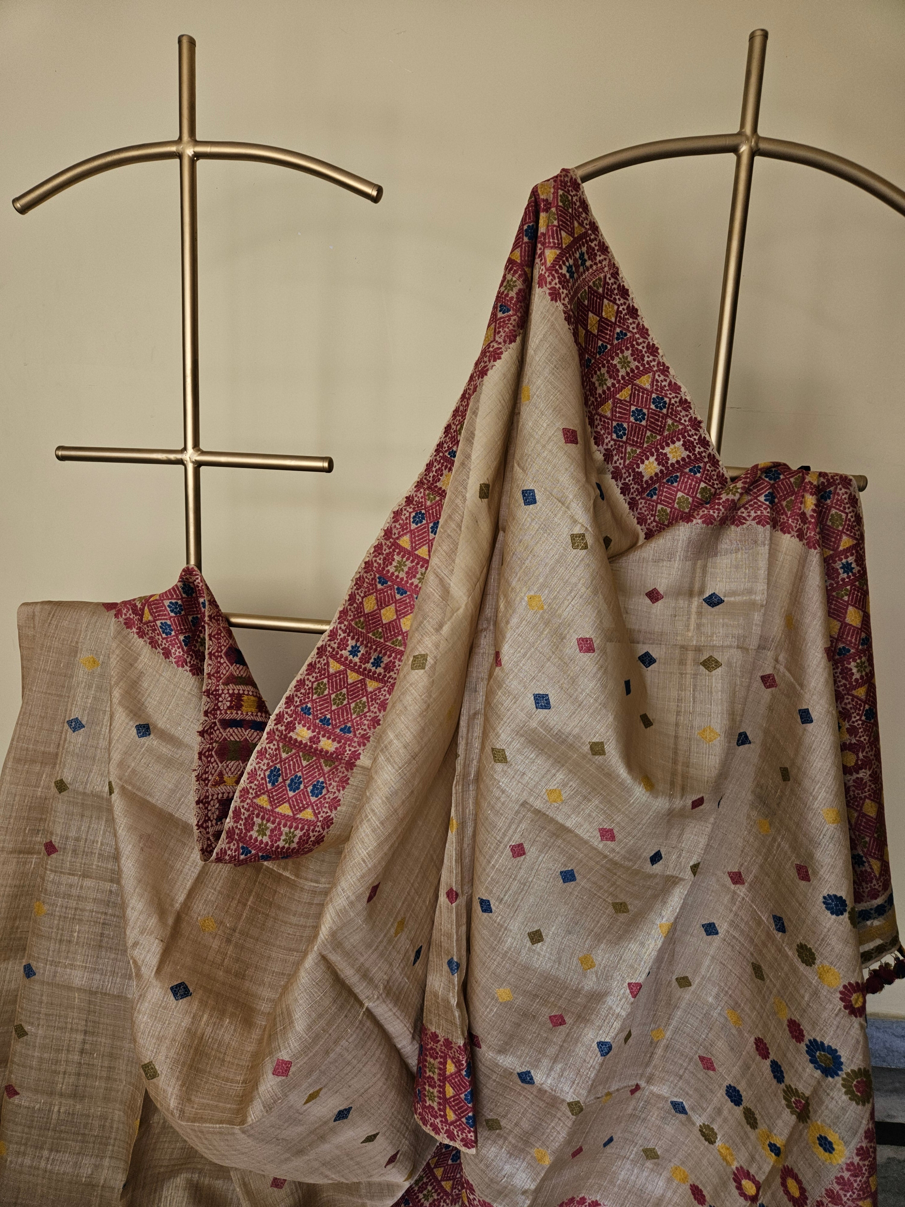 Heirloom Pure Assam Muga Saree with Natural Dyed Eri Extra Weft in Multicolor Diamond Motifs