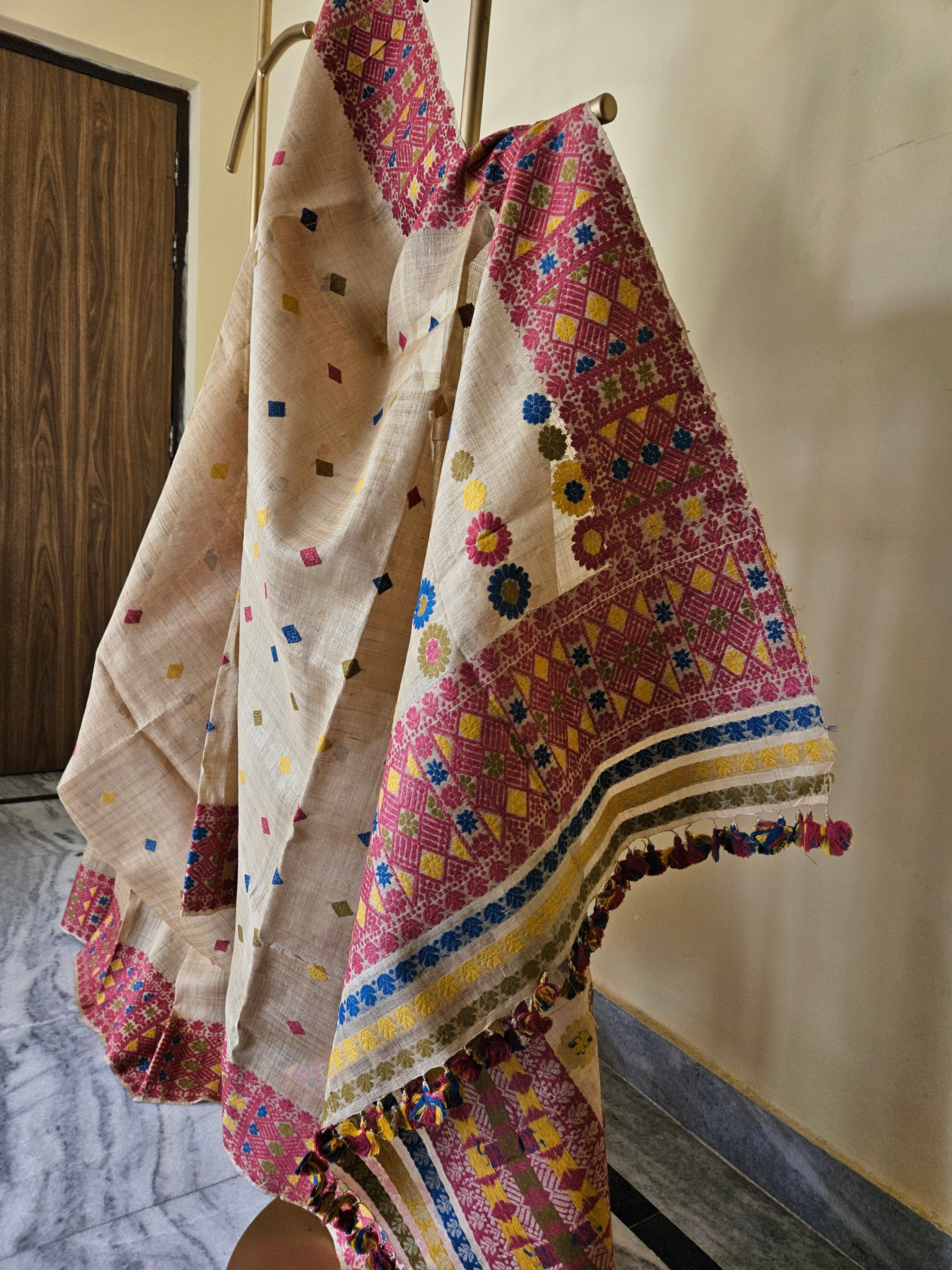 Heirloom Pure Assam Muga Saree with Natural Dyed Eri Extra Weft in Multicolor Diamond Motifs