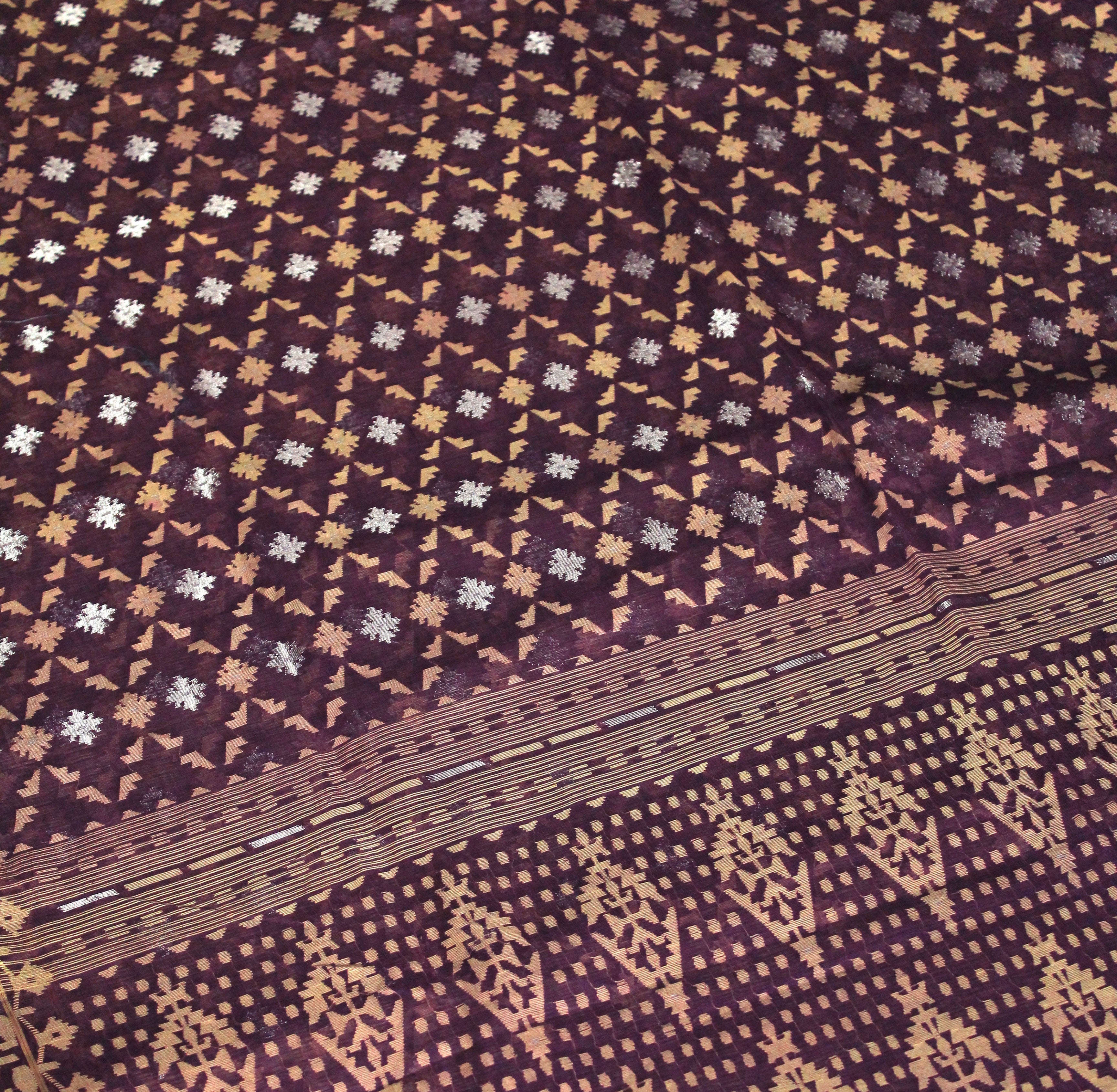 Pre Order : Purple, Beige and Silver Zari Jaal Dhakai Jamdani Saree