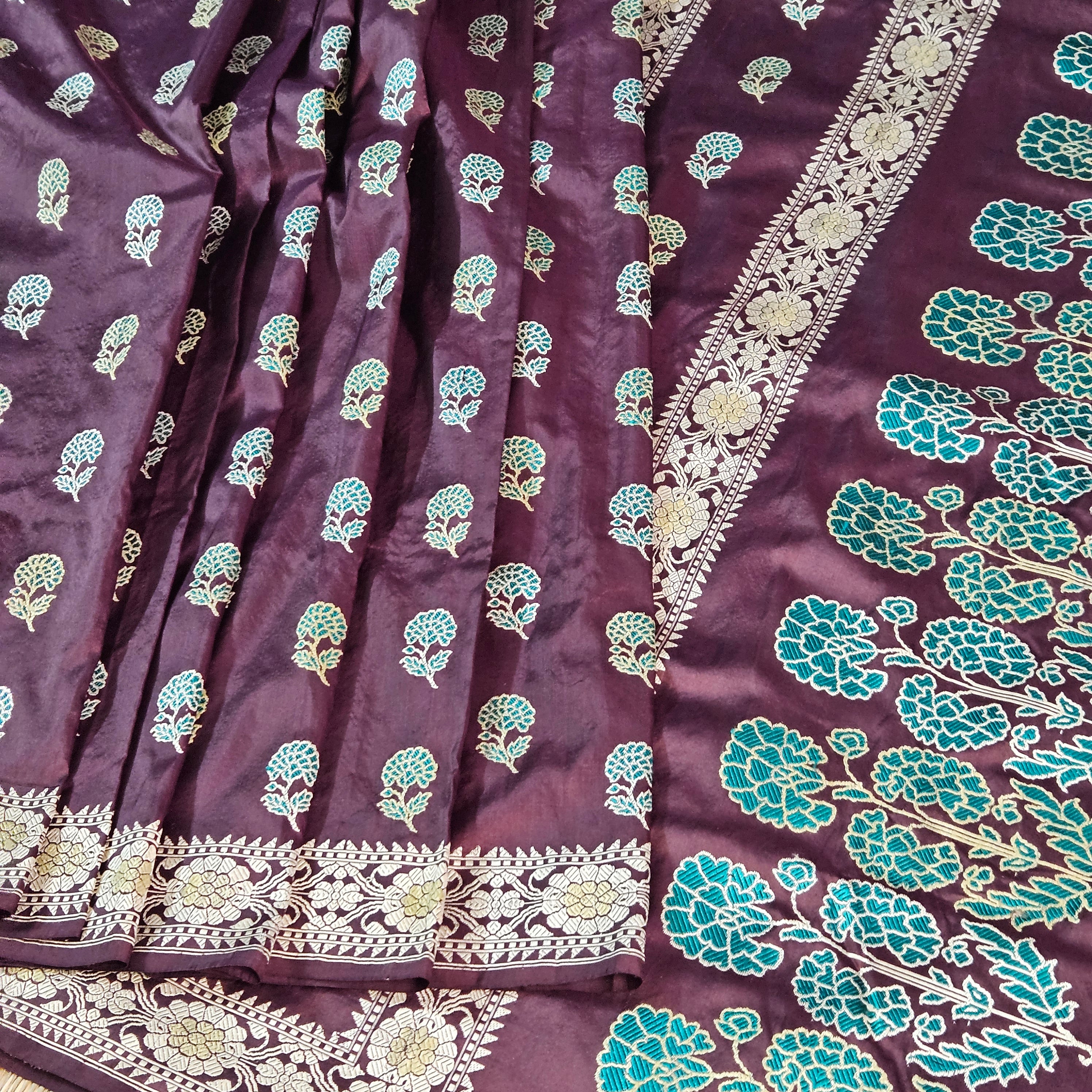 Brown with Green Revival Baluchari Saree