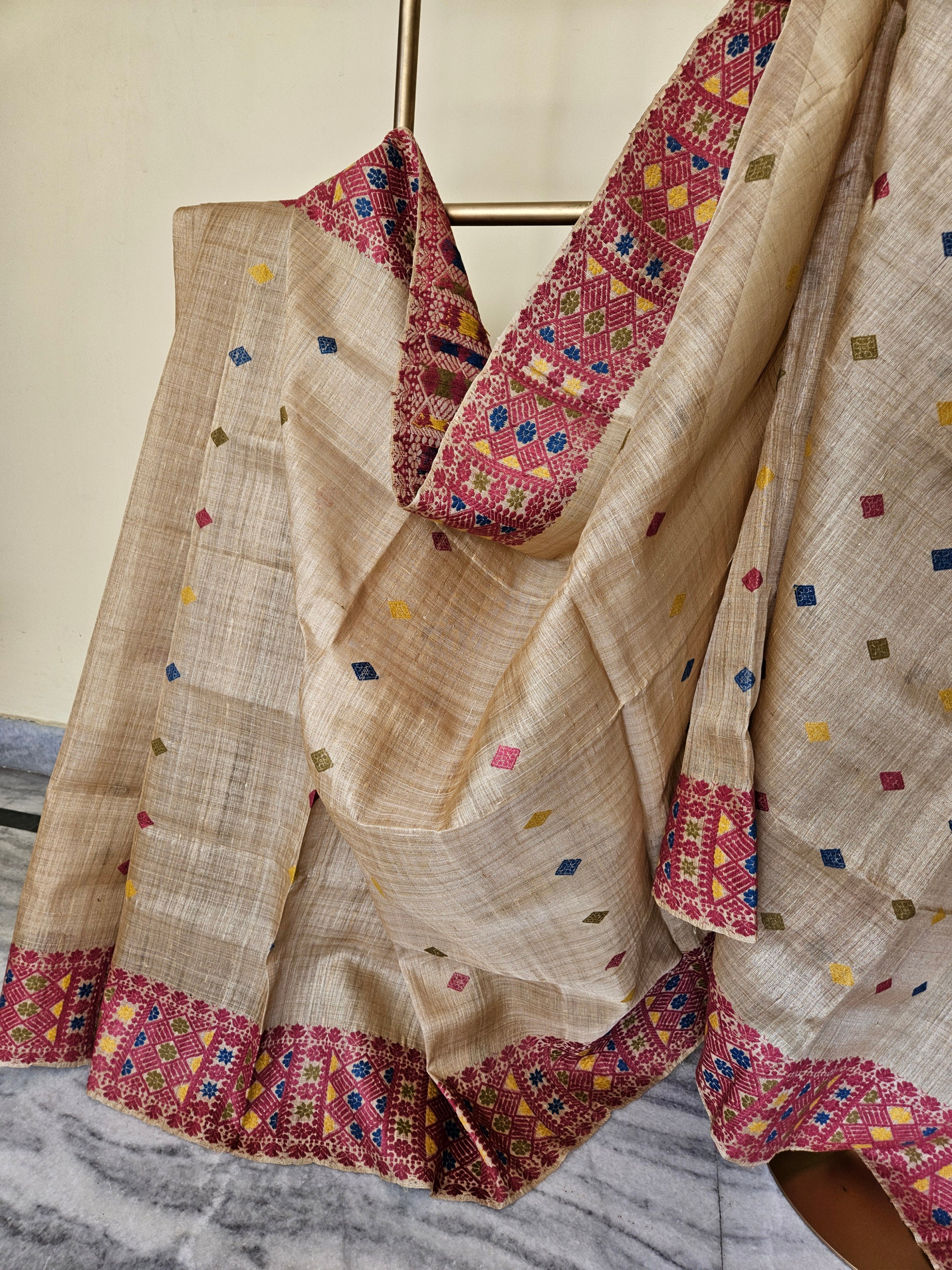 Heirloom Pure Assam Muga Saree with Natural Dyed Eri Extra Weft in Multicolor Diamond Motifs