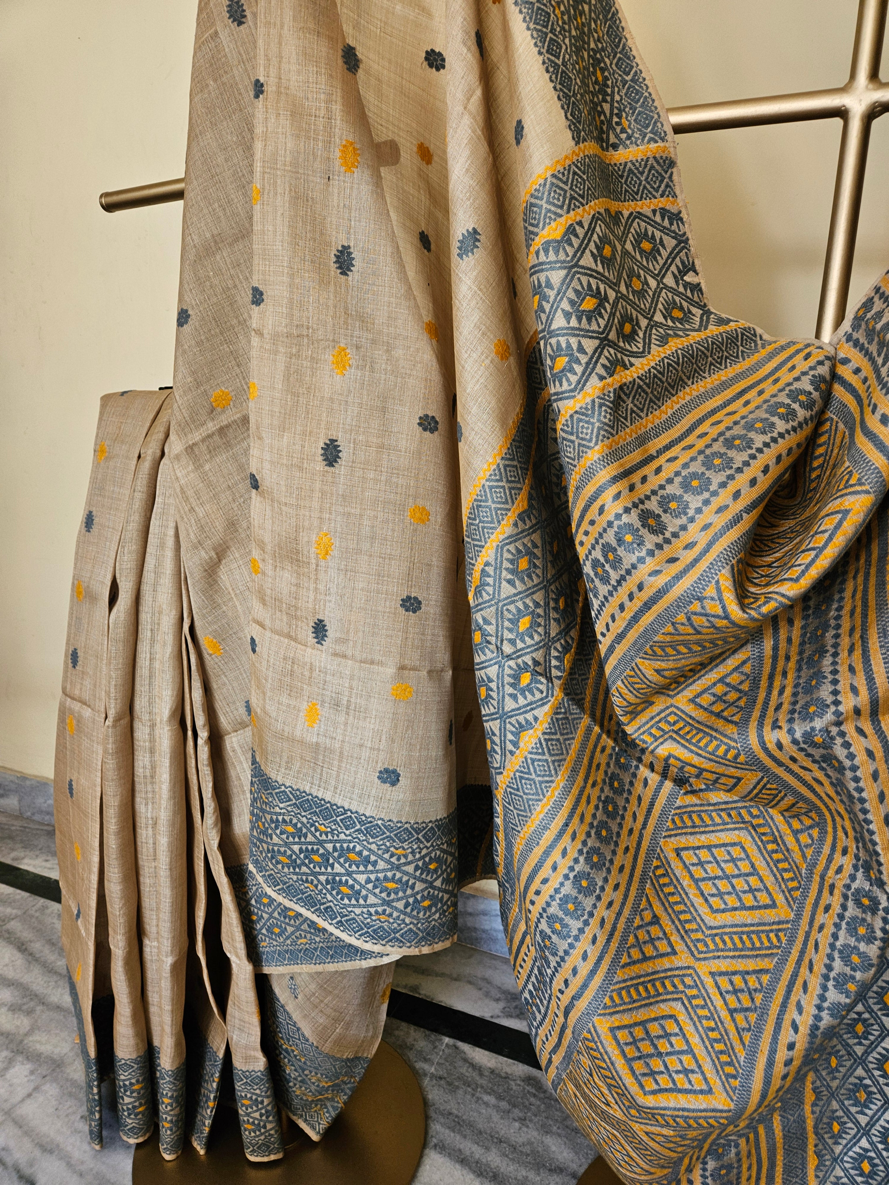 Heirloom Pure Assam Muga Saree with Natural Dyed Eri Extra Weft in Indigo and Mustard