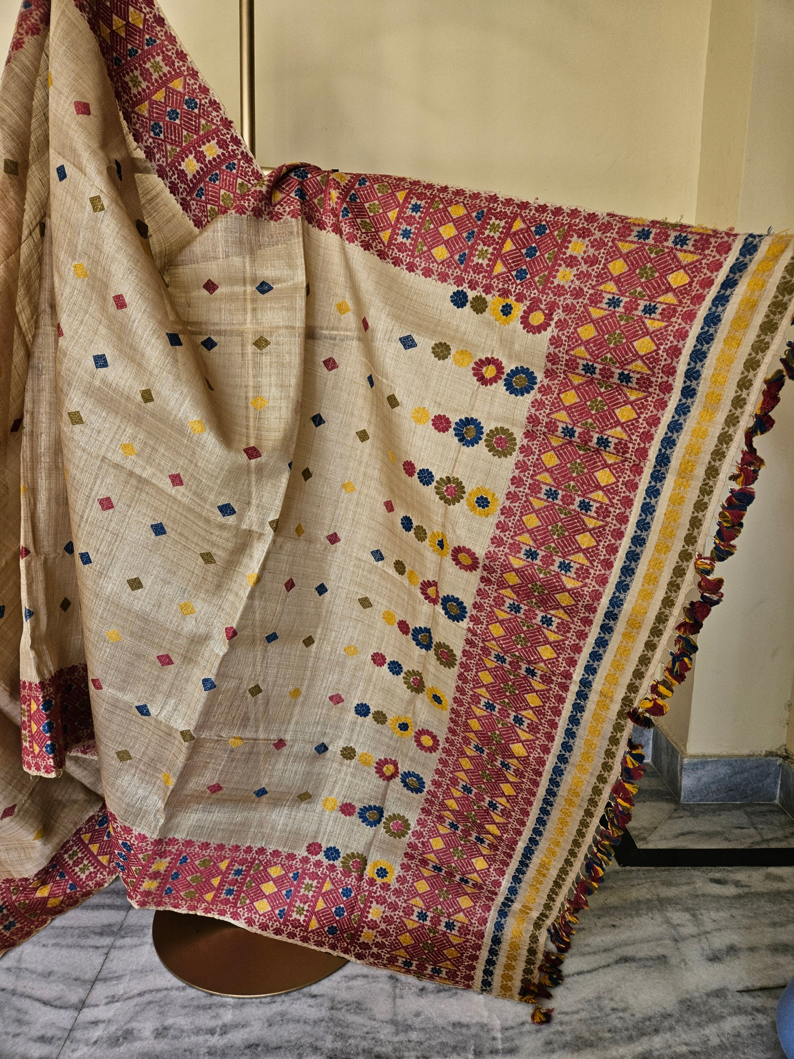 Heirloom Pure Assam Muga Saree with Natural Dyed Eri Extra Weft in Multicolor Diamond Motifs