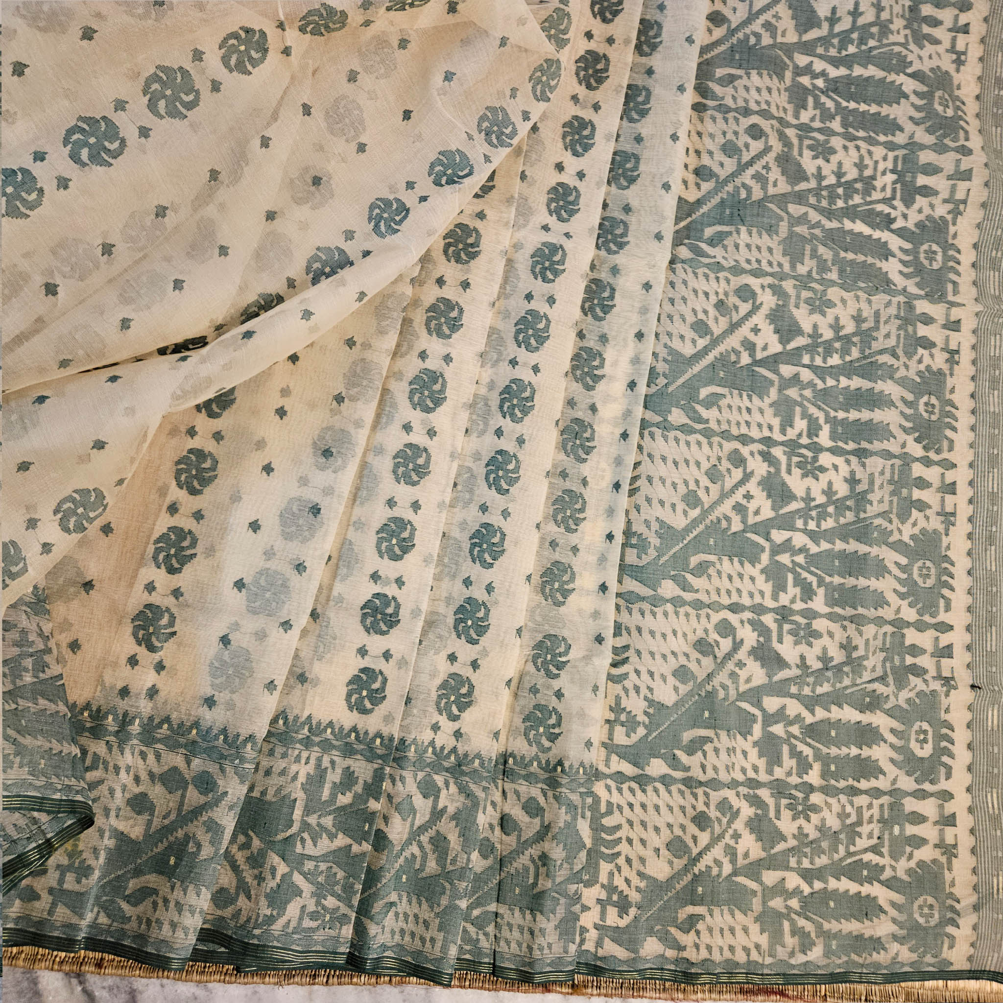 Beige and Green Dhakai Jamdani