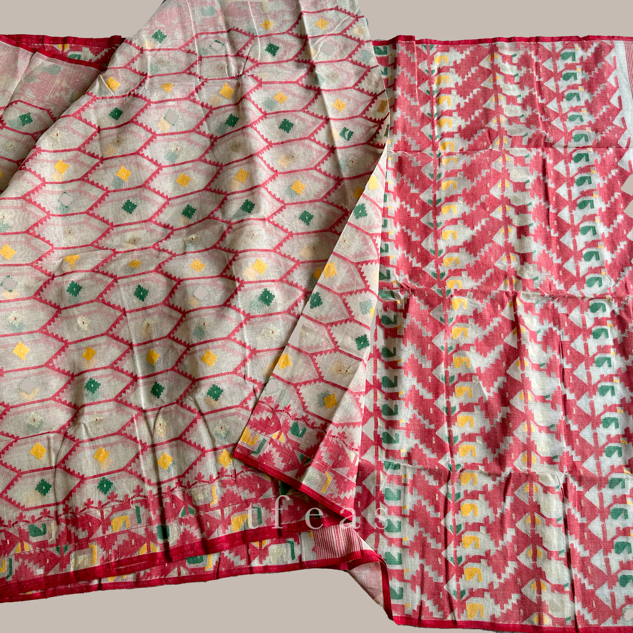 TFEAS White and Red Jaal Dhakai Jamdani