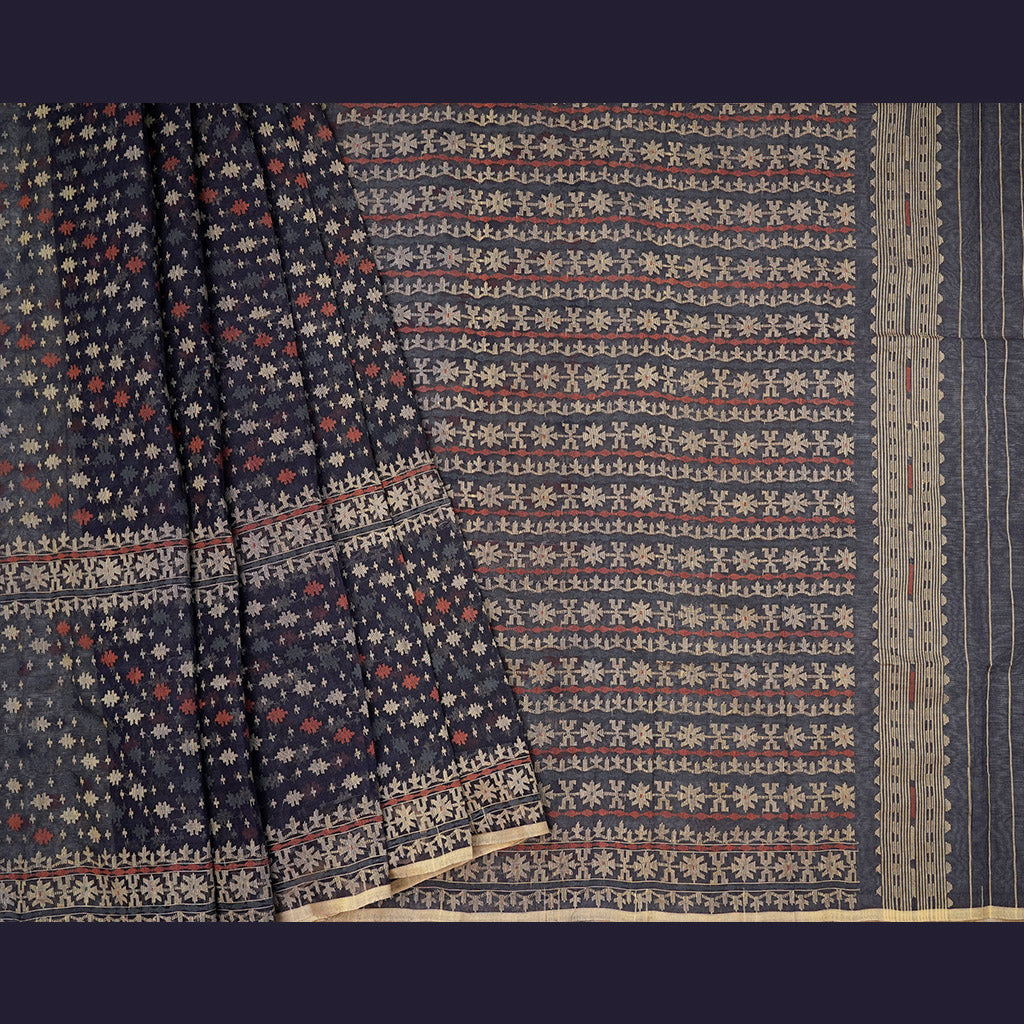 Pre Order : Dark Indigo Three Bordered Dhakai Jamdani