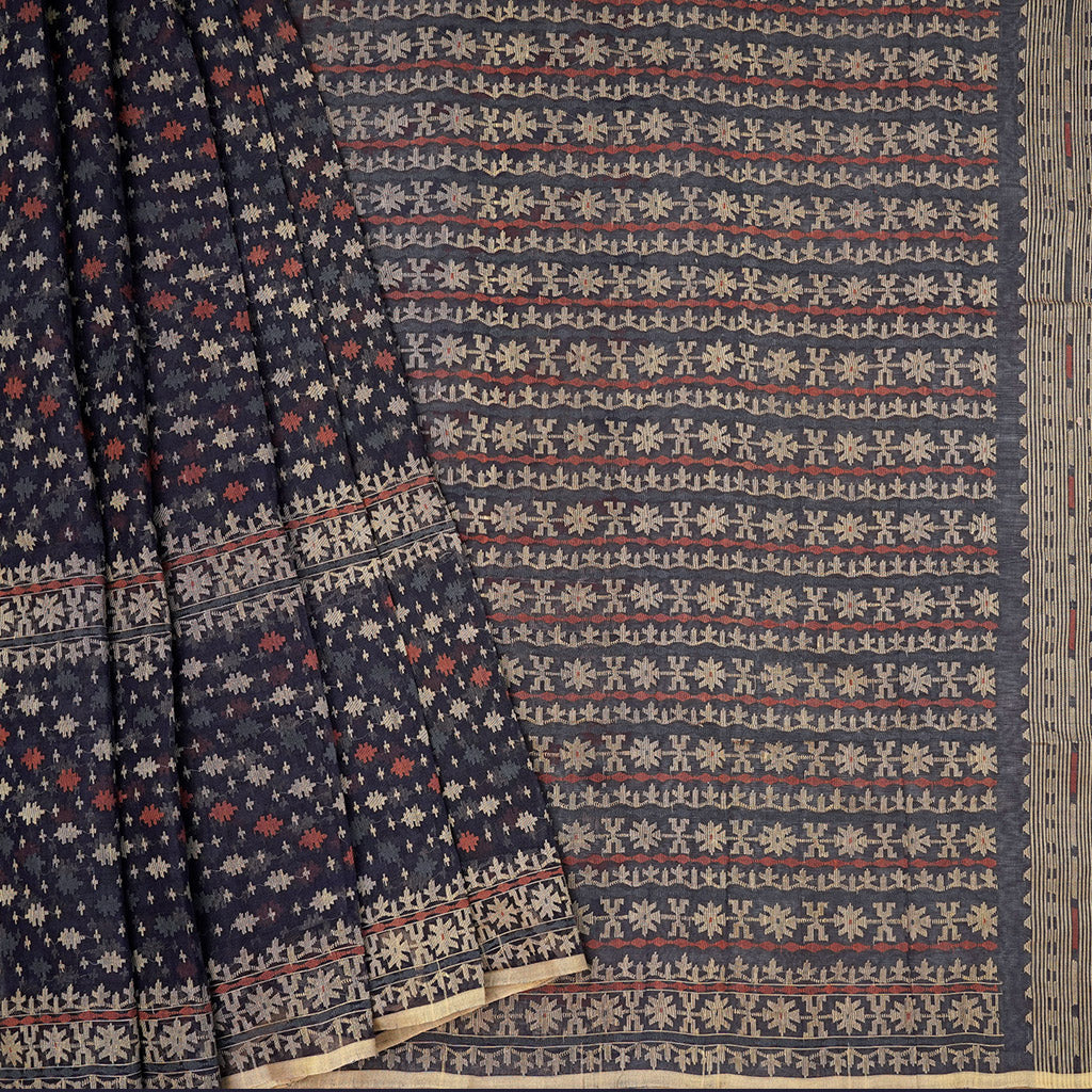 Pre Order : Dark Indigo Three Bordered Dhakai Jamdani