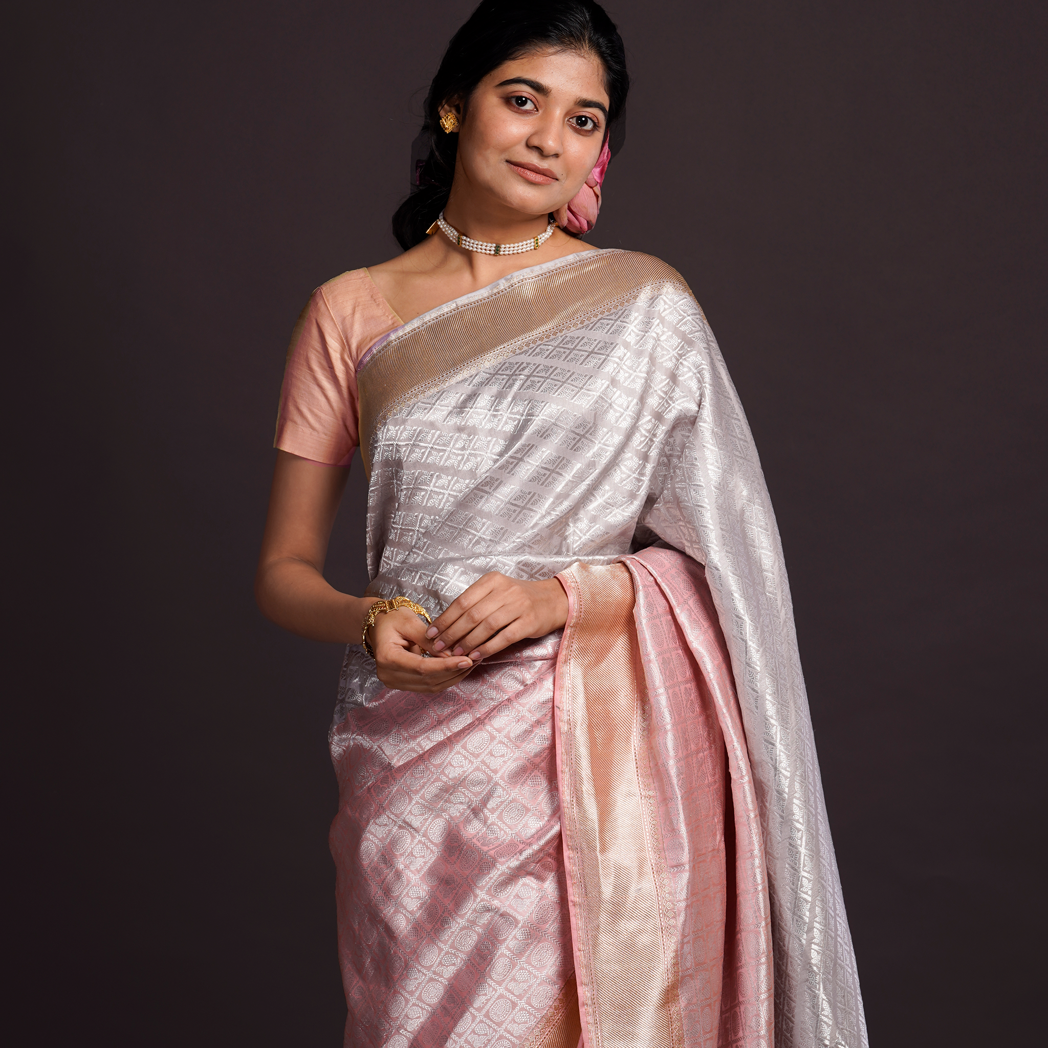 Grey and Pink Benarasi Silk Saree
