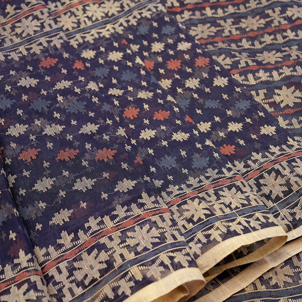 Pre Order : Dark Indigo Three Bordered Dhakai Jamdani