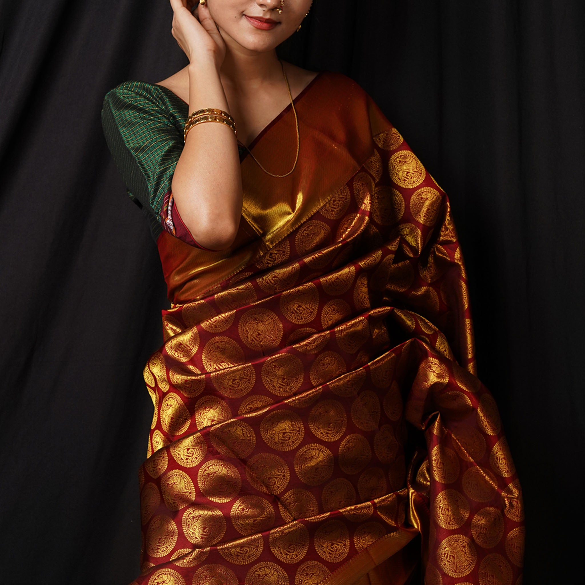 Handwoven Maroon and Gold Kanjeevaram Silk Saree