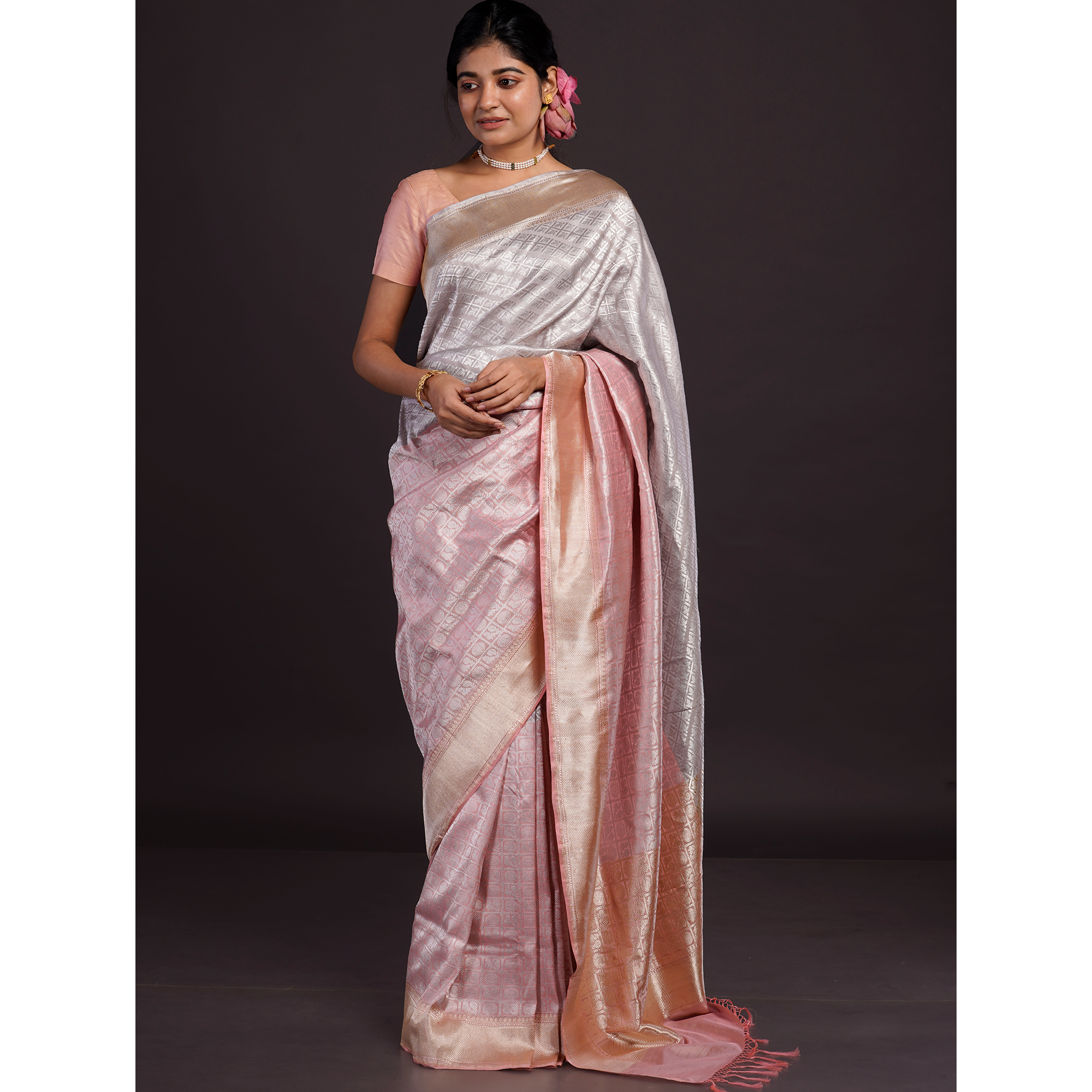 Hot Pink and Grey Banarasi Silk Saree