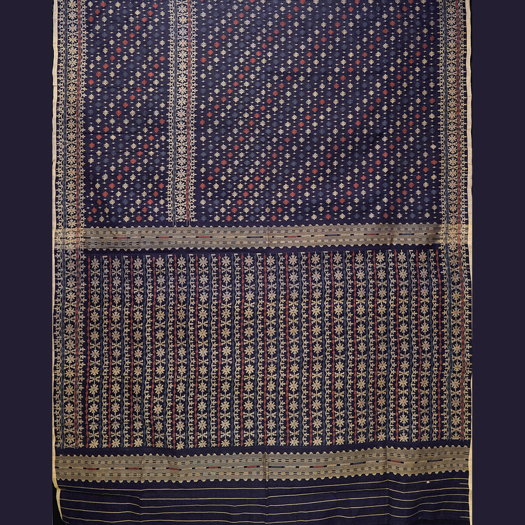 Pre Order : Dark Indigo Three Bordered Dhakai Jamdani