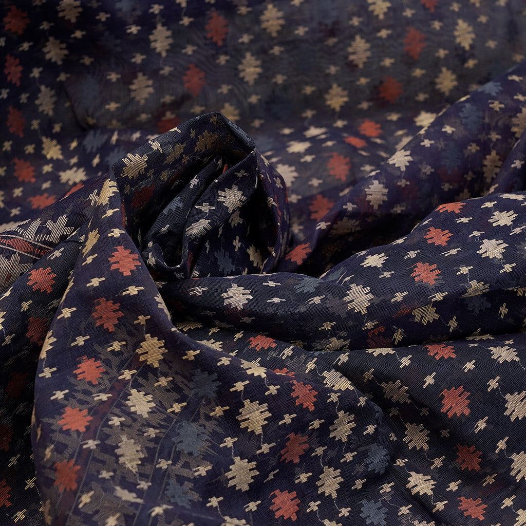 Pre Order : Dark Indigo Three Bordered Dhakai Jamdani