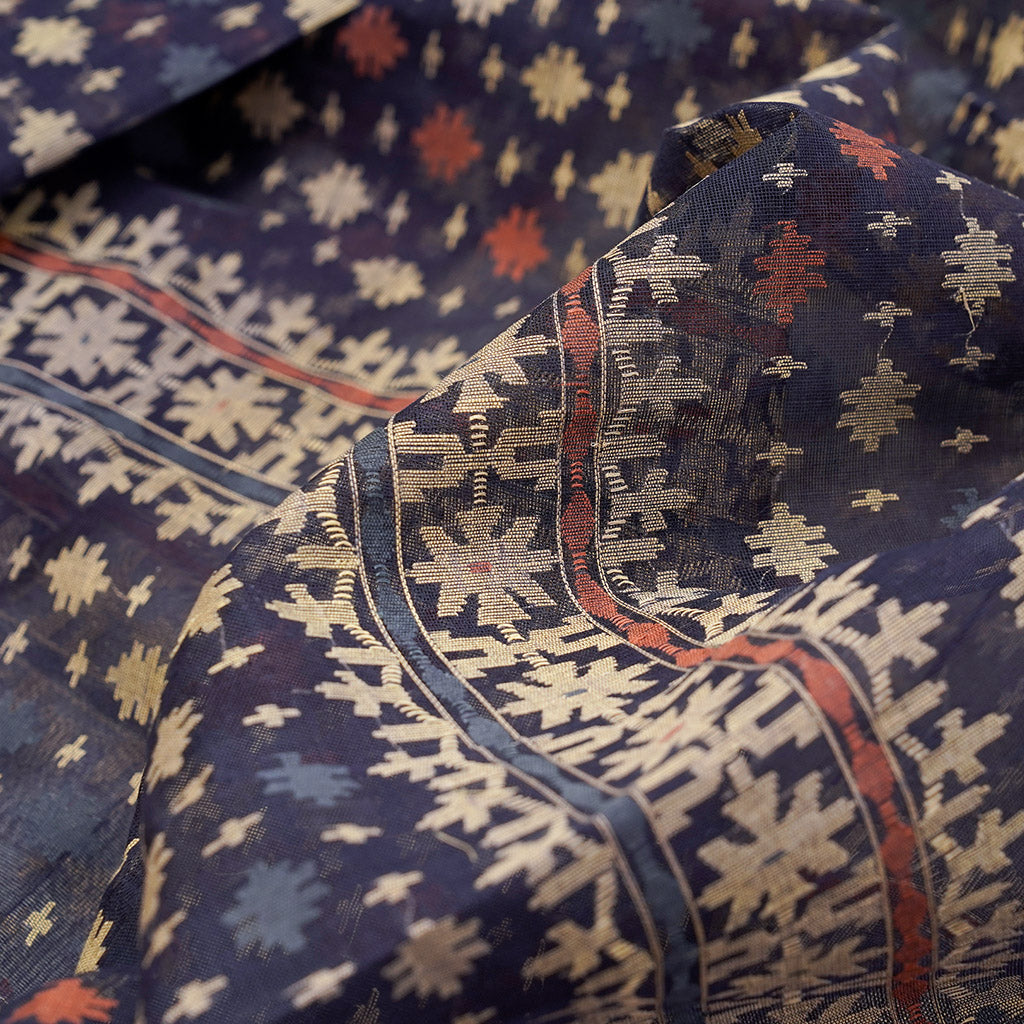Pre Order : Dark Indigo Three Bordered Dhakai Jamdani