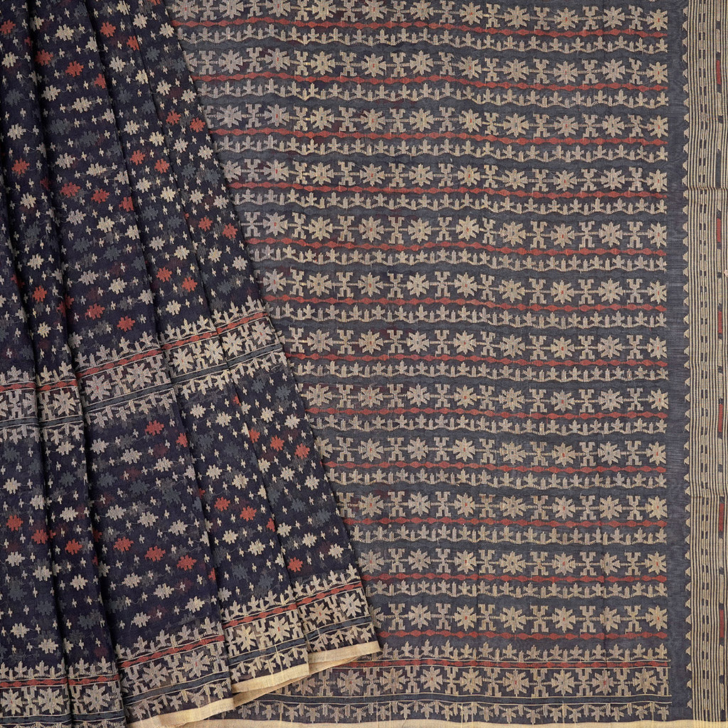 Pre Order : Dark Indigo Three Bordered Dhakai Jamdani