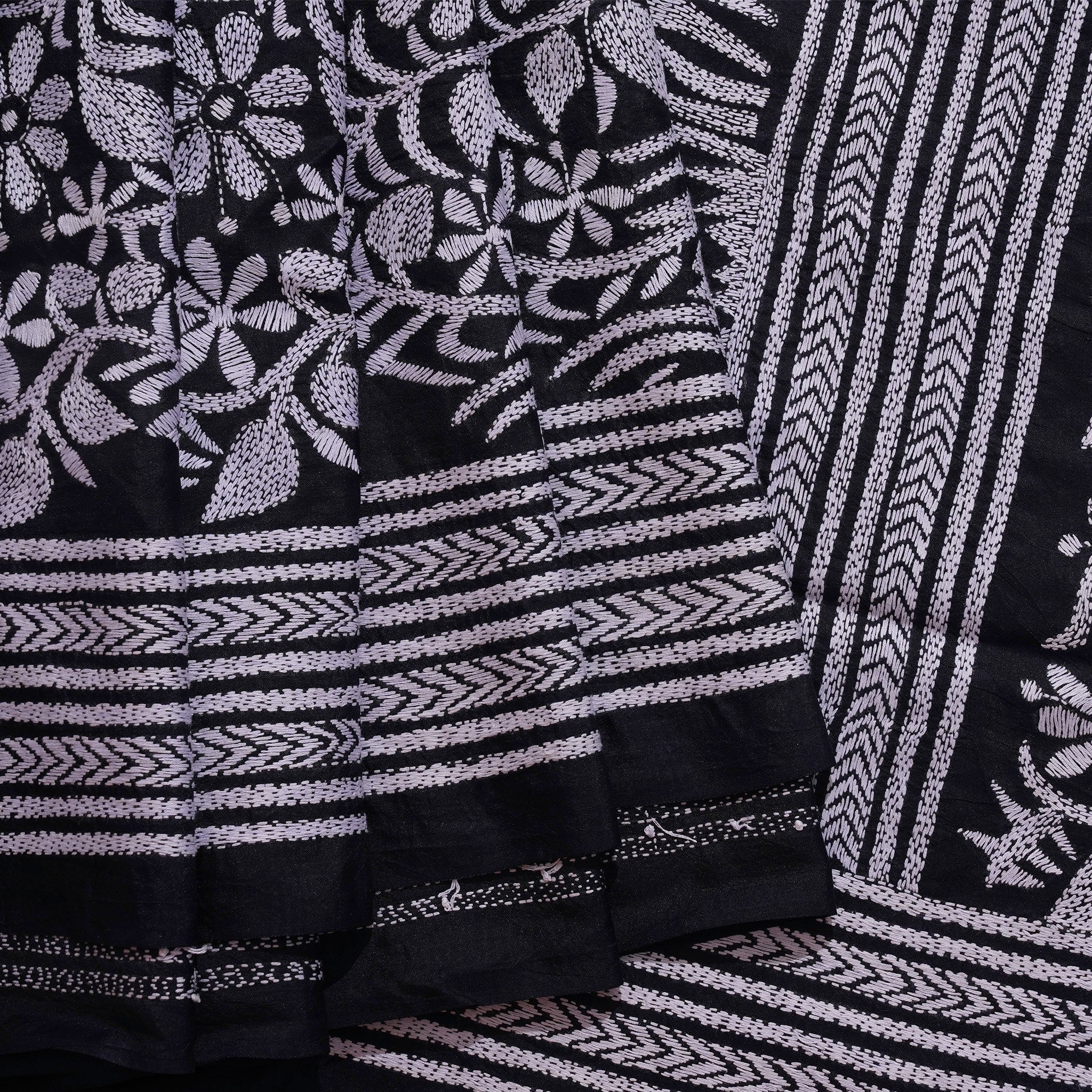 Black Hand-embroidered Kantha on Silk