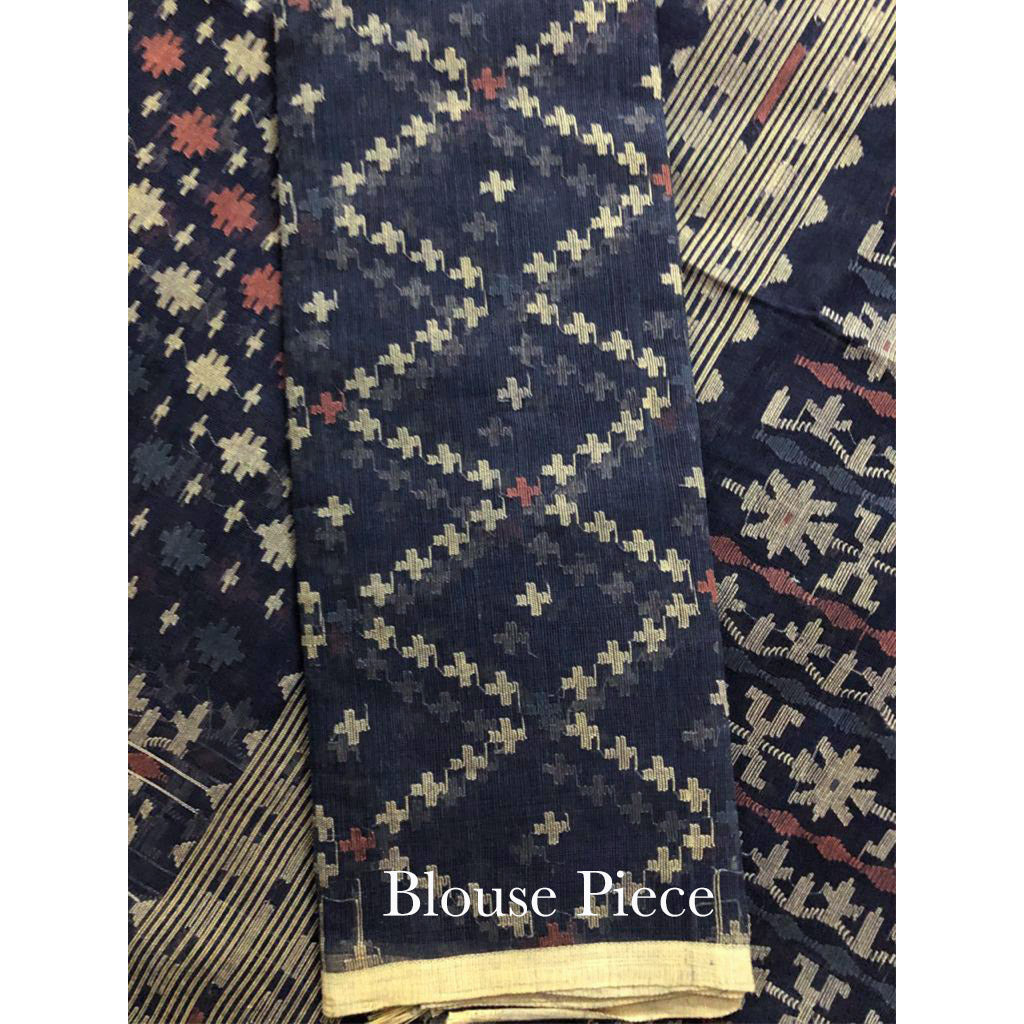 Pre Order : Dark Indigo Three Bordered Dhakai Jamdani