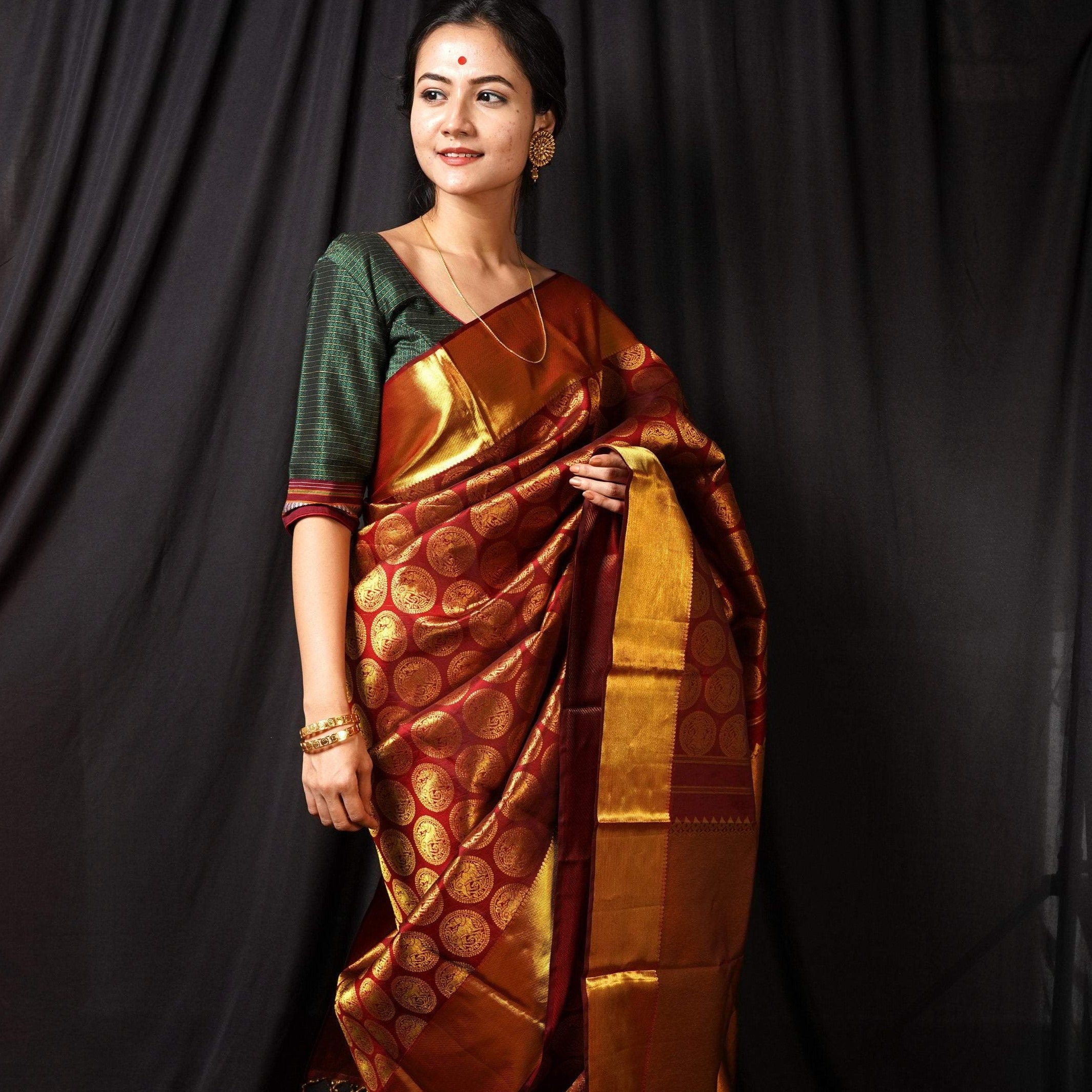 Plain Maroon Color Indian Kanchipuram Soft Silk Weaving Saree With Contrast  Matching White Blouse. - Etsy