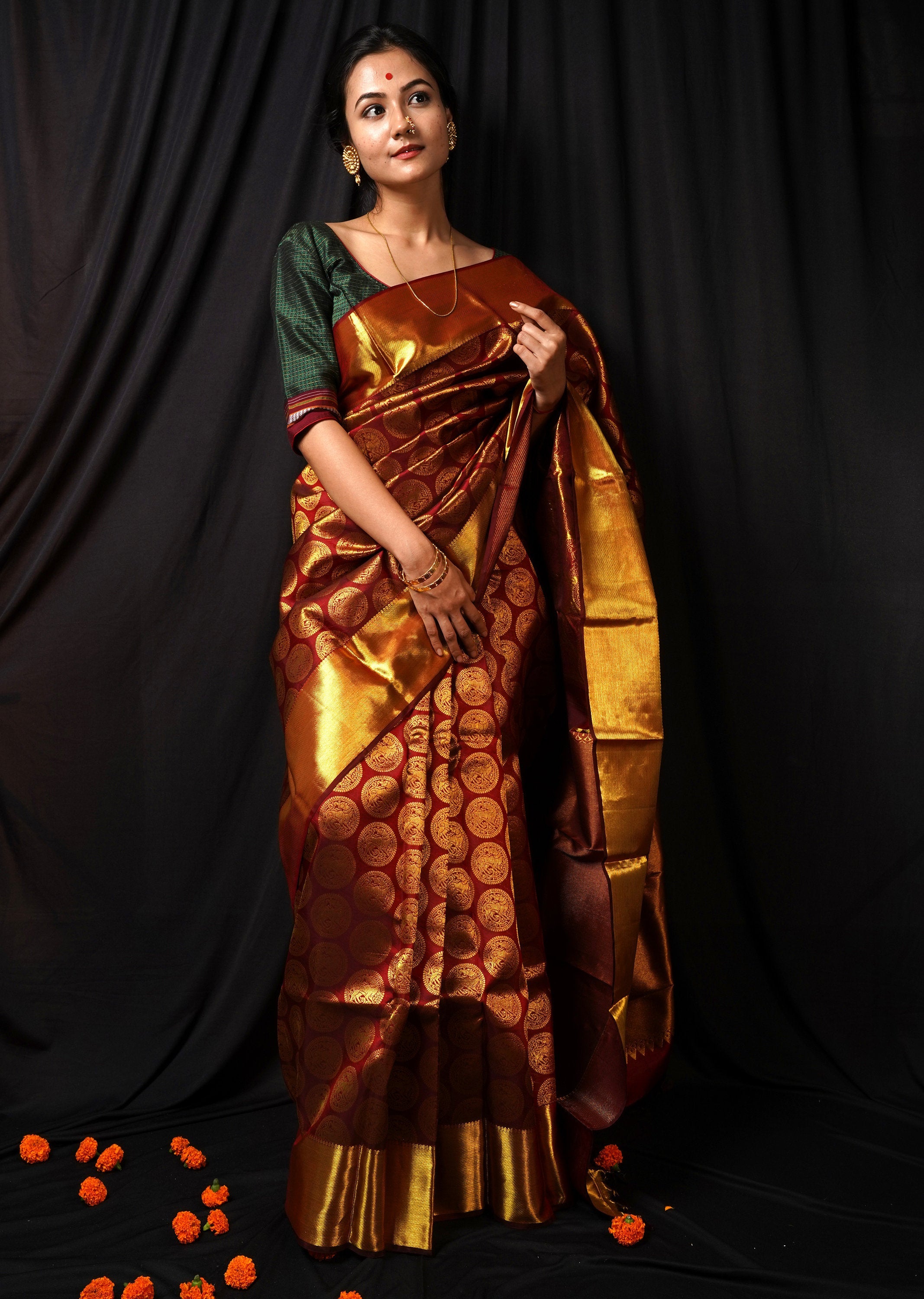 Handwoven Maroon and Gold Kanjeevaram Silk Saree